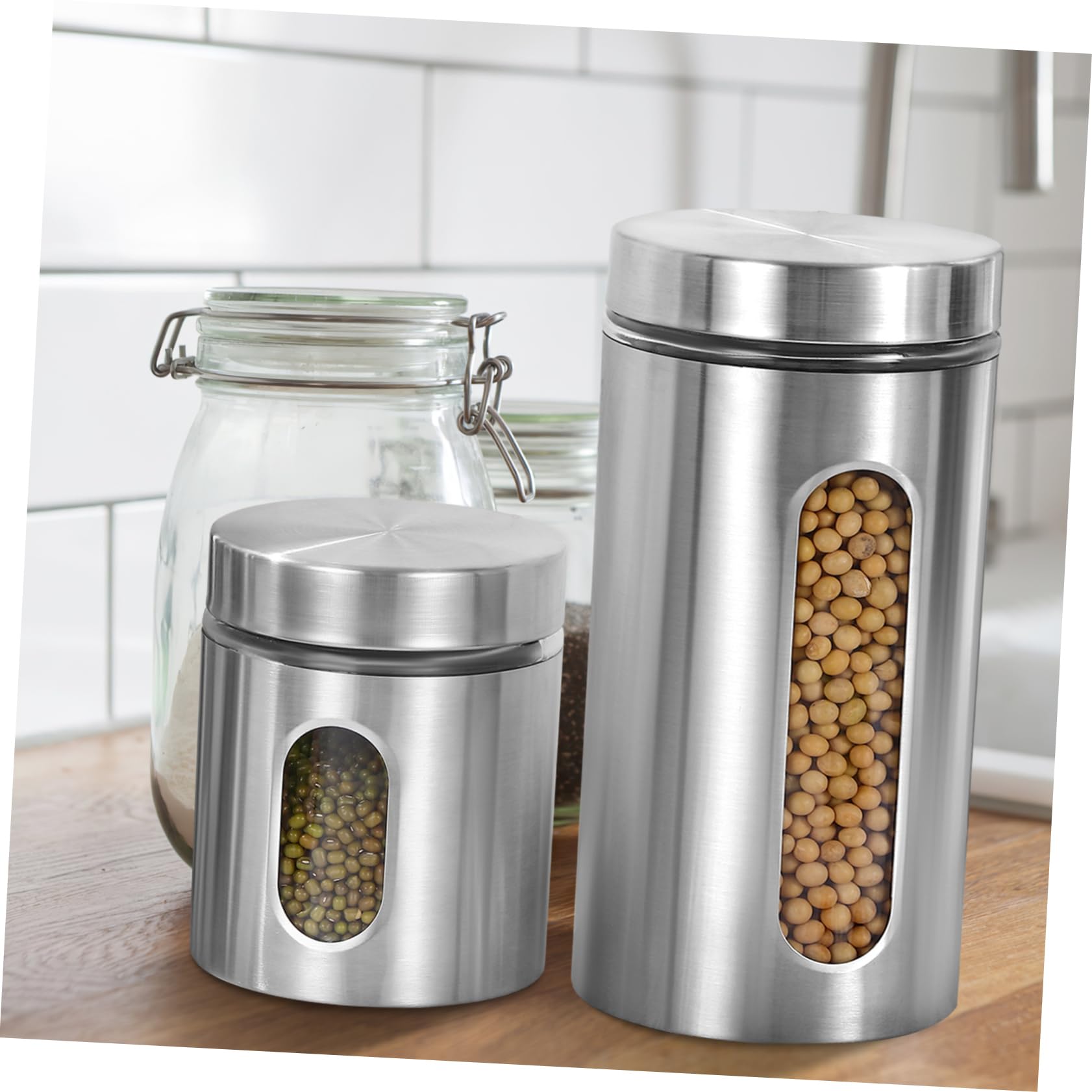 ABOOFAN Frascos De Almacenamiento De Cocina 3 Botes De Acero Inoxidable Con Ventana Para Alimentos y Granos