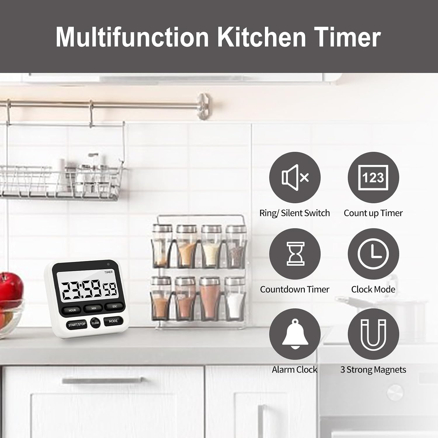 Digital Kitchen Timer 24 Hour with Clock, Countdown Count Up Timer