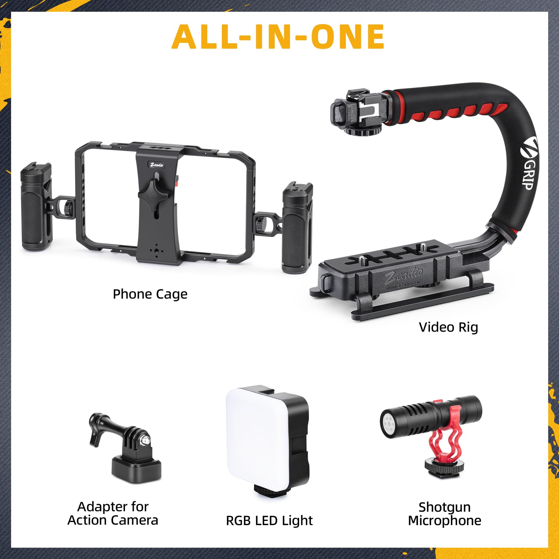 Zeadio Kit stabilizzatore per fotocamera per smartphone, portatile con supporto video portatile con gabbia in alluminio Smarphone, luce video RGB e microfono per tutte le fotocamere DSLR, ecc