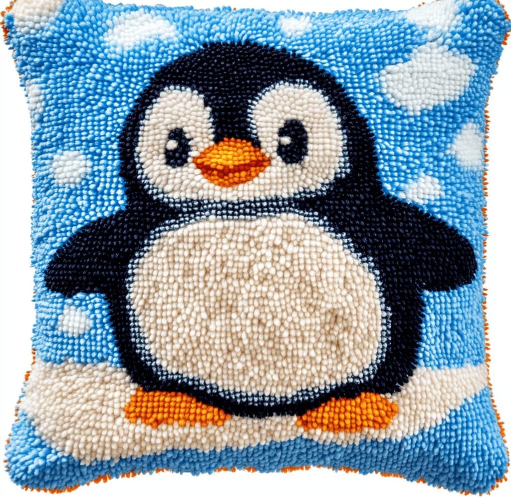 Kitquiver Latch Hook Kits Penguin for Adults,Beginners DIY Latch Hook Cushion Kits and Latch Rug Kits Cross-Stitch Embroidery Cushion Cover for Home Sofa Decoration 17X17 in