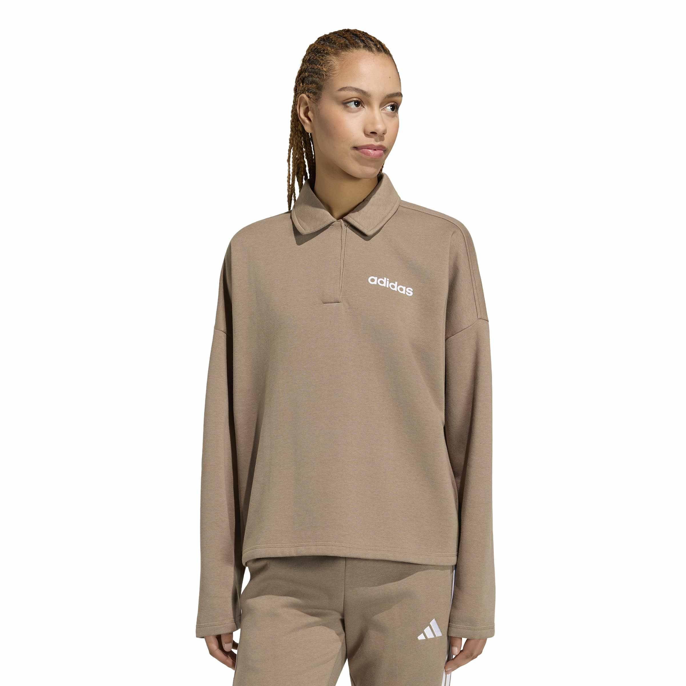 adidas Kobiety Essentials Linear Fleece Polo Sweatshirt, Khaki Six/white, XS