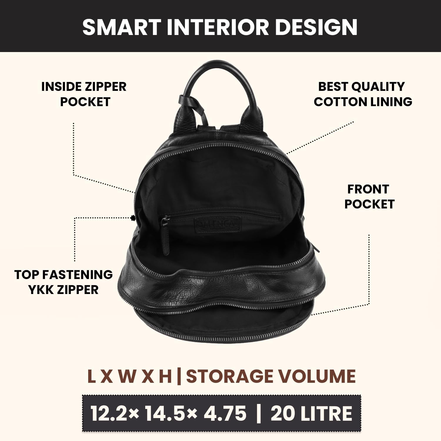 Genuine Leather Backpack for Men, Casual Backpack for Women Office Bag with Adjustable Shoulder Strap (VL-054-BLACK) - Image 3