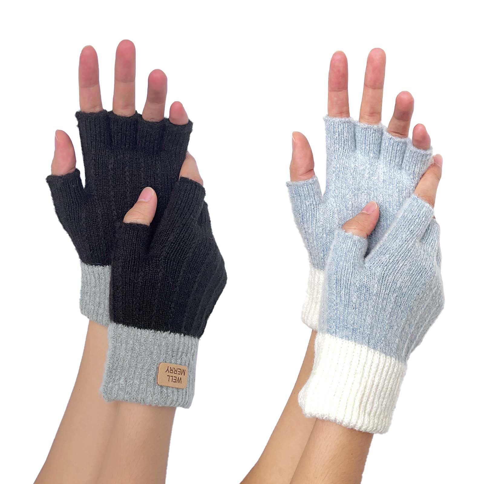 WUDEUI 2 Pairs Fingerless Gloves for Women, Knitted Touch Screen Thermal Mittens, Winter Warm Gloves for Girls Ladies Cycling Working Driving