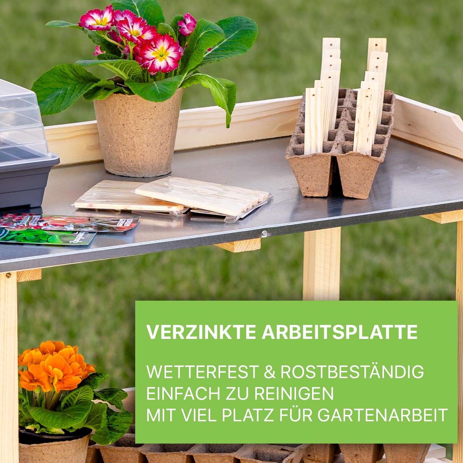 ITA Pflanztisch Premium - Pflanzentisch mit verzinkter Arbeitsplatte - Gärtnertisch aus Holz - Wetterfest - Made in EU - Direkt vom Hersteller - FSC Zertifiziert - Outdoor & Indoor - 76x38x89 cm Natur