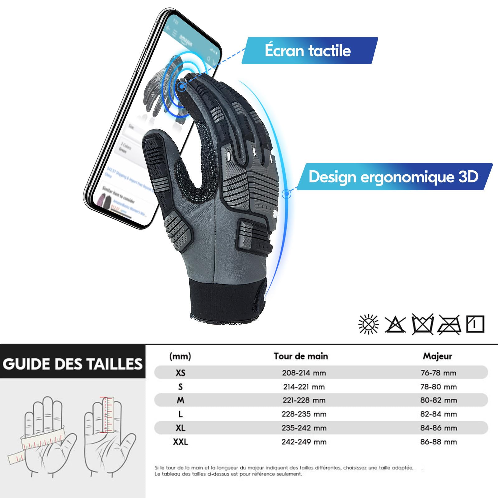 Vgo... Gants mécanicien en cuir homme anti-vibration et impact(CA7722WR,S) | Gris,cuir de vachette déperlant,anti-vibration,très abrasif,écran tactile,industriel,automobile,heavy duty mécanicien