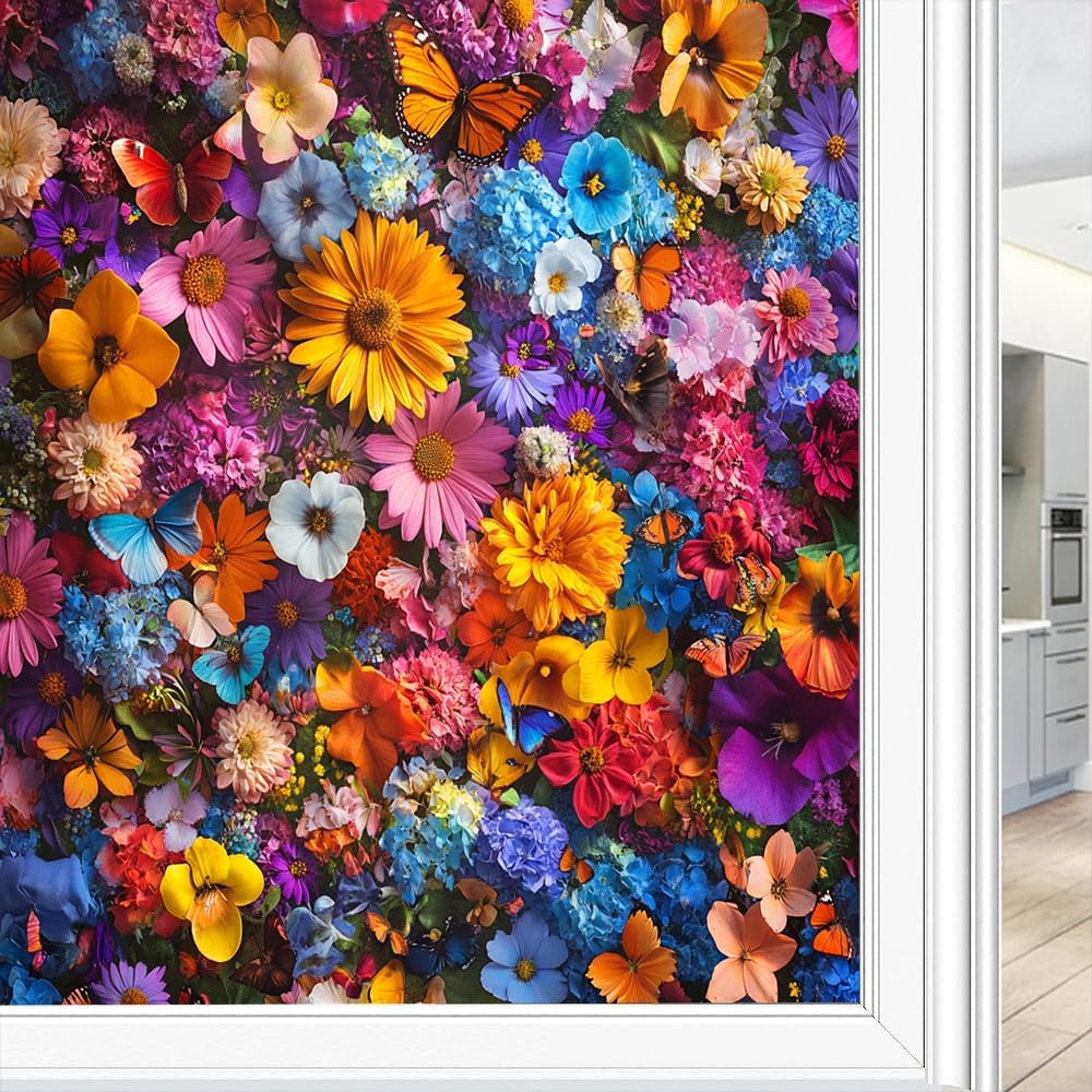 Beautiful Flowers Frosted Stained Glass Window Film Nature Butterflies Modern Field Landscape Privacy Window Film Self-Adhesive Glass Sticker for Home Office Decorative 35.4Wx63L inch