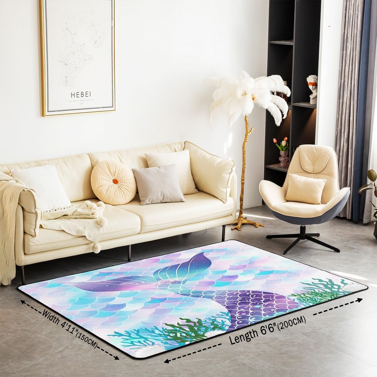 jejeloiu Mermaid Decor Carpet Area Rug 3x5 Kids Ocean Life Sea Animal Indoor Floor Mat for Boys Girls Teens Fish Scales Living Room Rugs for Bedroom Soft Non-Slip Princess Decor