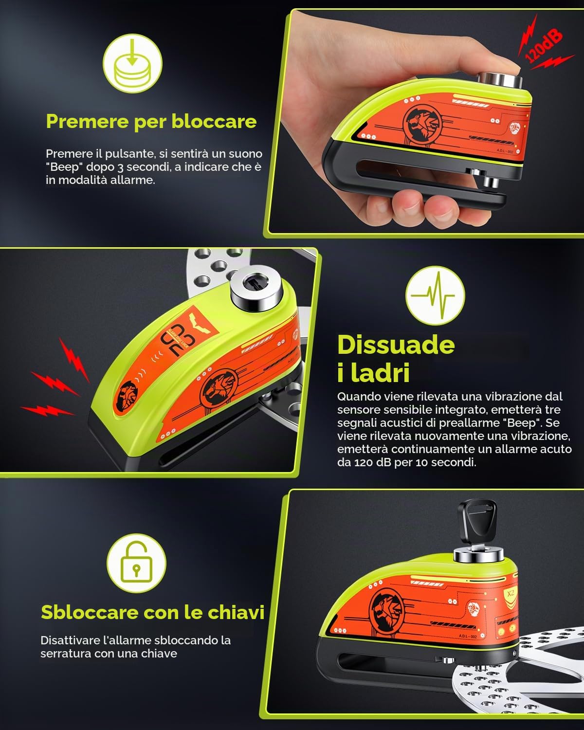 ZEXMTE Allarme a disco ricaricabile per moto, 120 dB, con cavo promemoria da 1,8 m, rinforzato, impermeabile, ad alta sicurezza, per moto, bici, scooter, e-bike, verde
