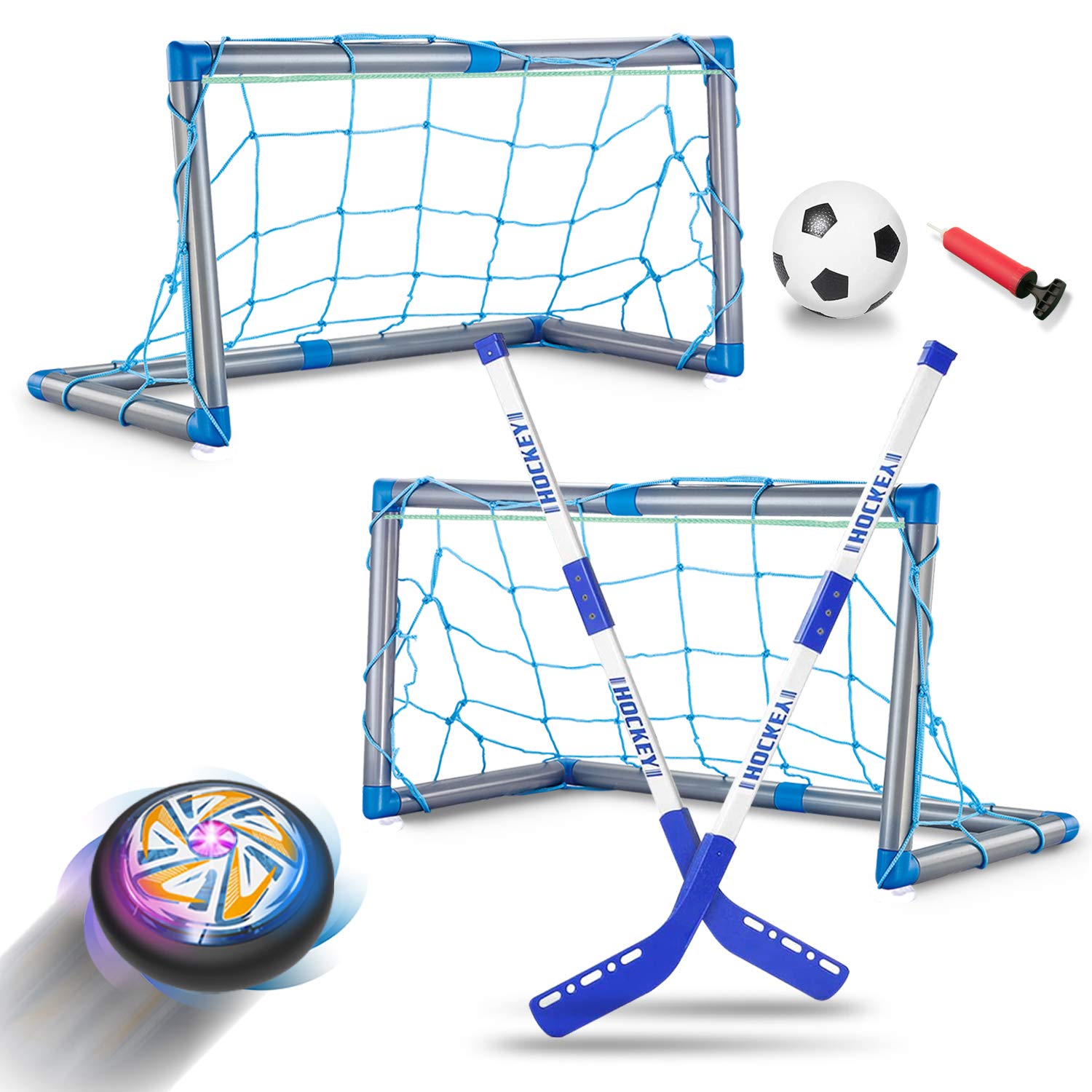RACPNEL Indoor & Outdoor Games Toys for Boys, Rechargeable Hover Hockey & Soccer Ball Set Toys for Kids, with 2 Goals & 2 Hockey Sticks & Inflatable Ball,Sports Gifts For Boys Girls Age 3 4 5 6 7 8 9+
