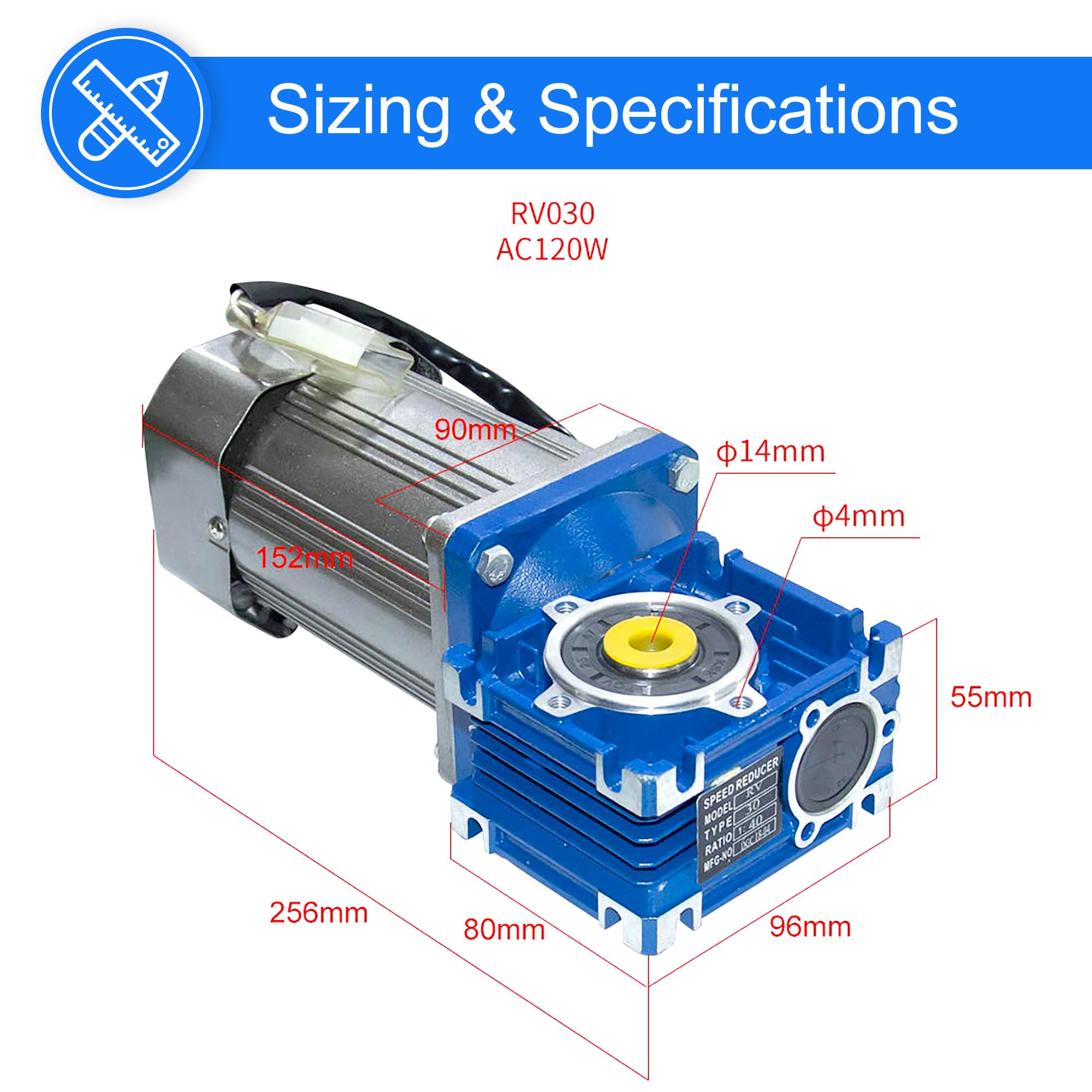 Motor reductor de engranaje sin fin de CA de 120 W, 110 V, 50/60 Hz, bajo RPM 18 rpm, alto par de torsión, con controlador de velocidad, relación reductora CW CCW, 1:80, diámetro del eje de