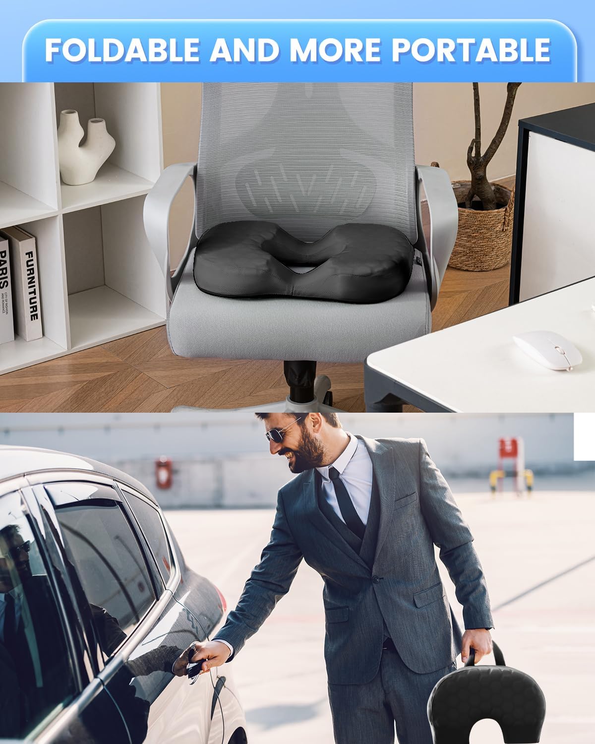 Portable Donut Pillow with Handle, Memory Foam Hemorrhoid Cushion, Black image 4