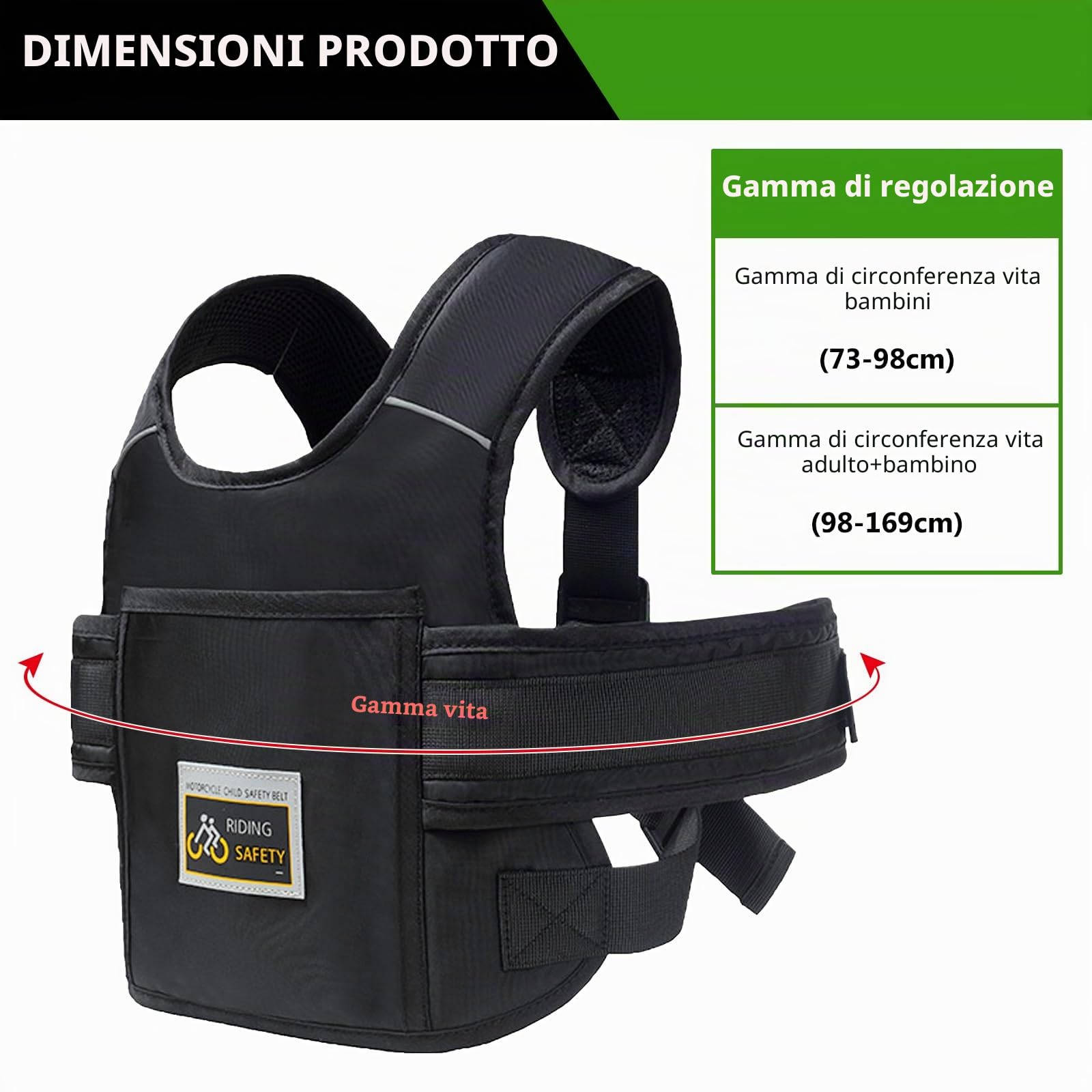 Cintura di sicurezza per motocicli per bambini regolabile con strisce riflettenti 3-12 anni