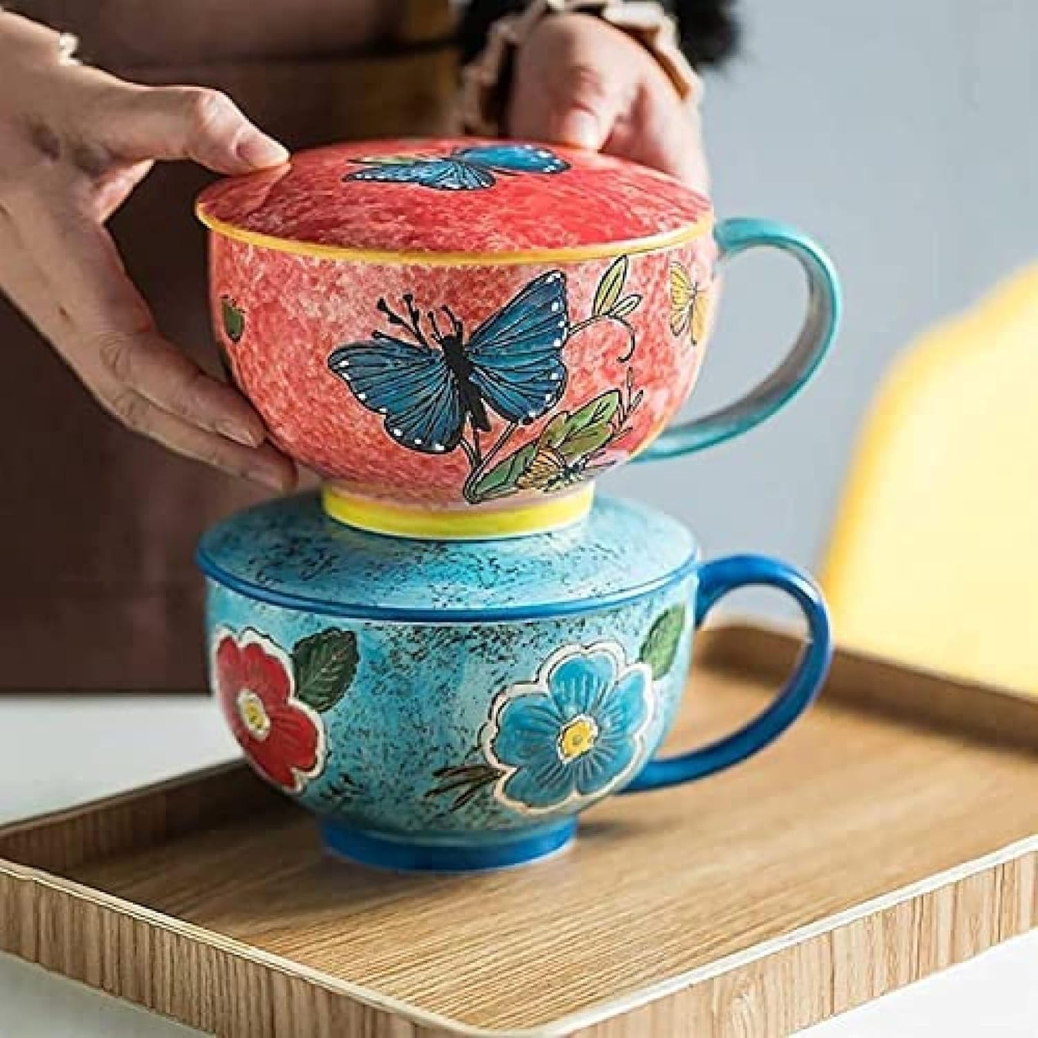 Miska Na Zupę Ramen, Ryż, Makaron Instant, Duża Ceramiczna Miska Na Zupę, Miska Na Makaron Z Pokrywką, Miska Na Makaron Instant Do Mikrofalówki, Duży Kubek Do Kawy Z Uchwytem, Blue, 730ML/25 OZ