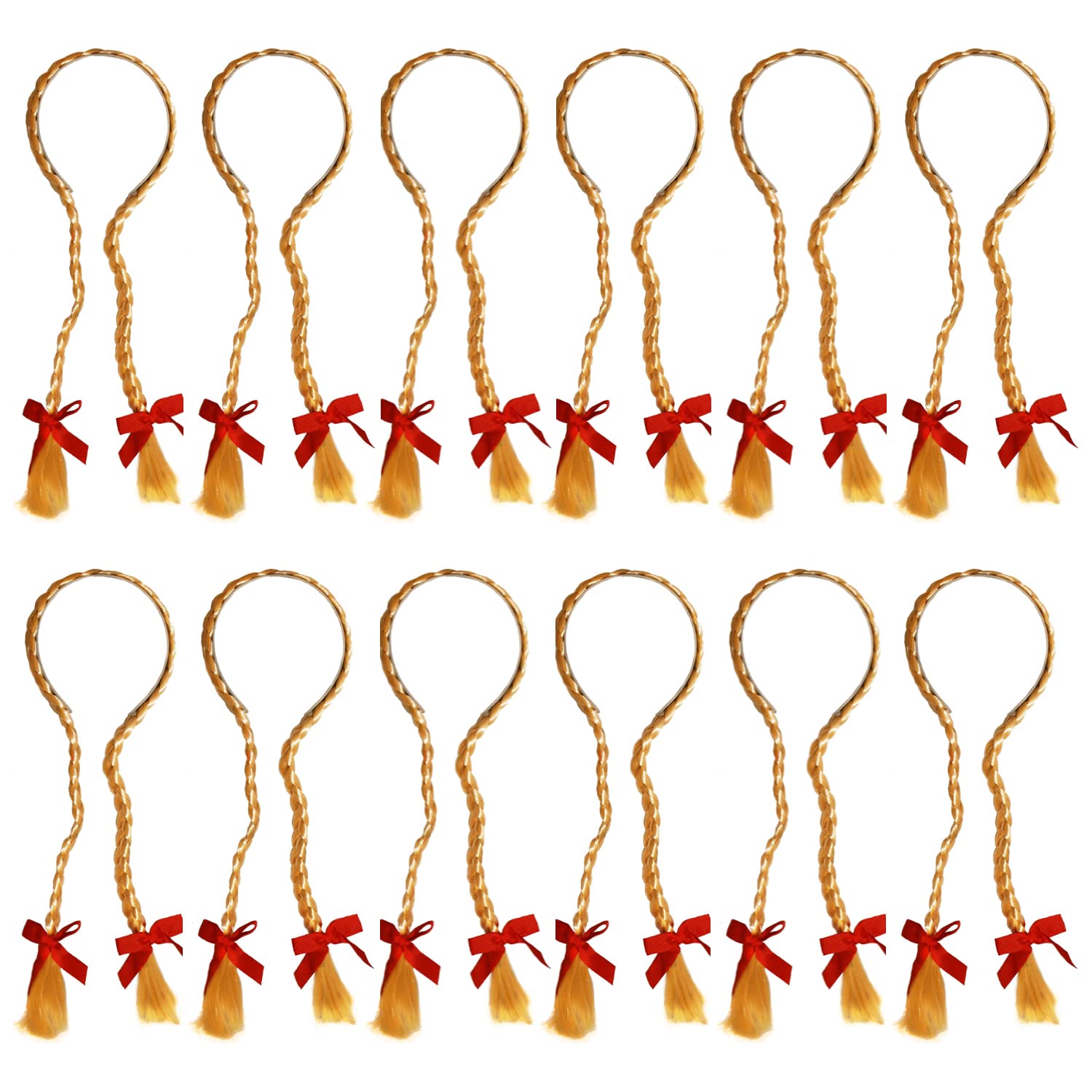 Oktoberfest Hair Plaits - Pack of 12 - Blonde Hair Plaits with Red Bows on a Headband - Ladies Bavarian German Fancy Dress Accessory
