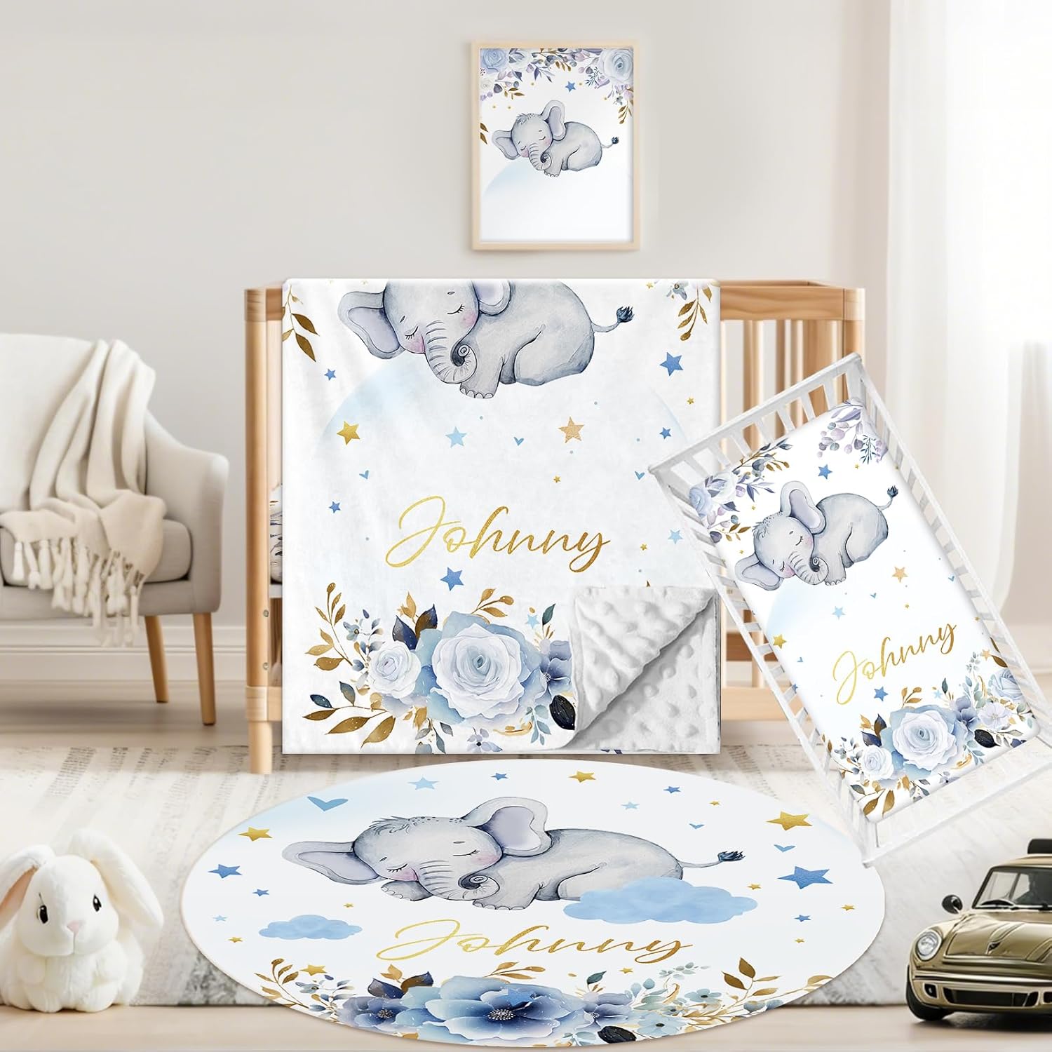 Custom Baby Crib Bedding Set, 3 Pcs Personalized Name Baby Crib Sets for Boys & Girls, Blue Elephant Theme Nursery Bedding Set, Soft Toddler Bedding Crib Sets Customized Gifts for Infants