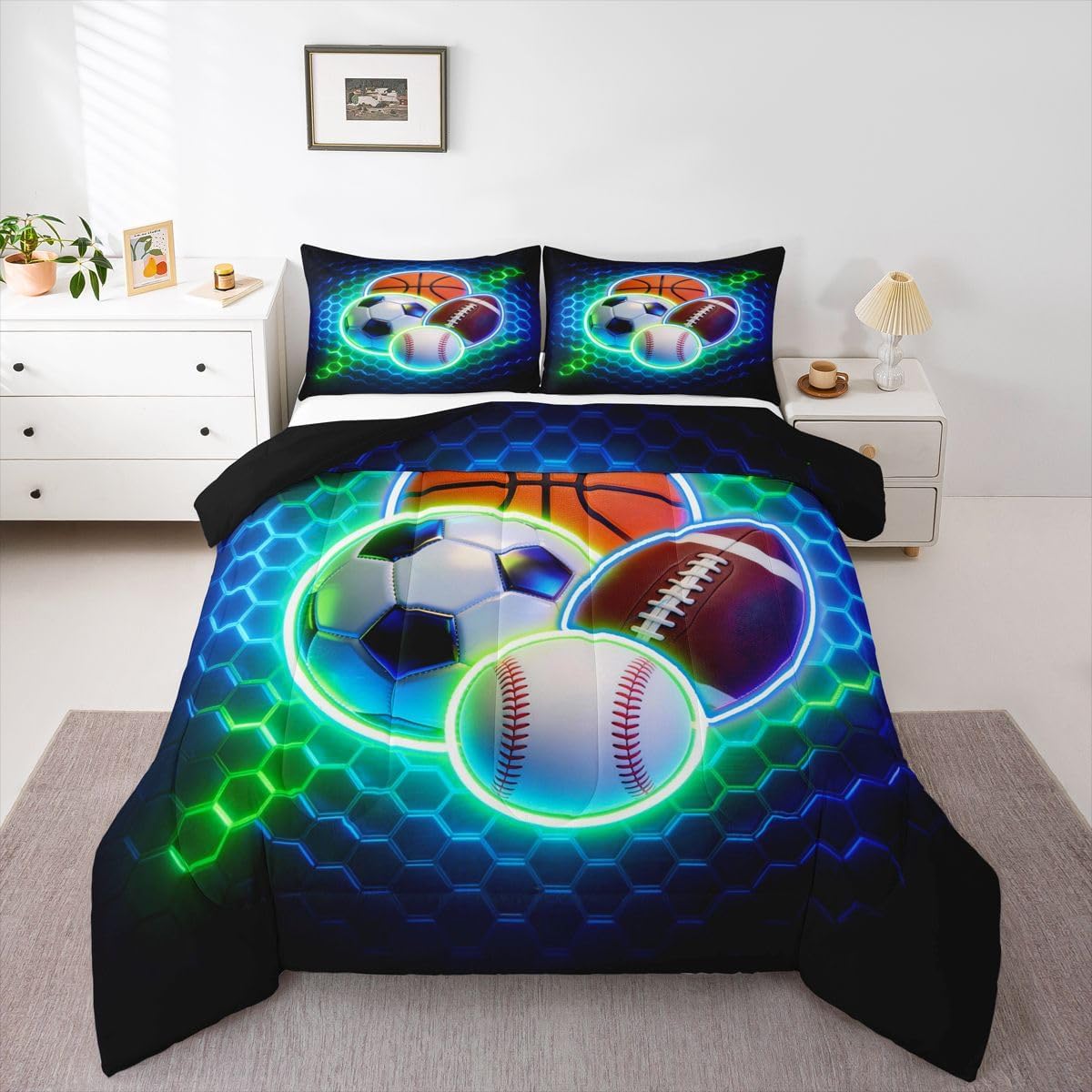 Feelyou Boys Sports Comforter Set Queen Size Green Blue Honeycomb Bedding Set Football Baseball Basketball Soccer Duvet Quilt for Kids Daughter Bedroom Hexagon Decor Microfiber Ultra Soft Breathable