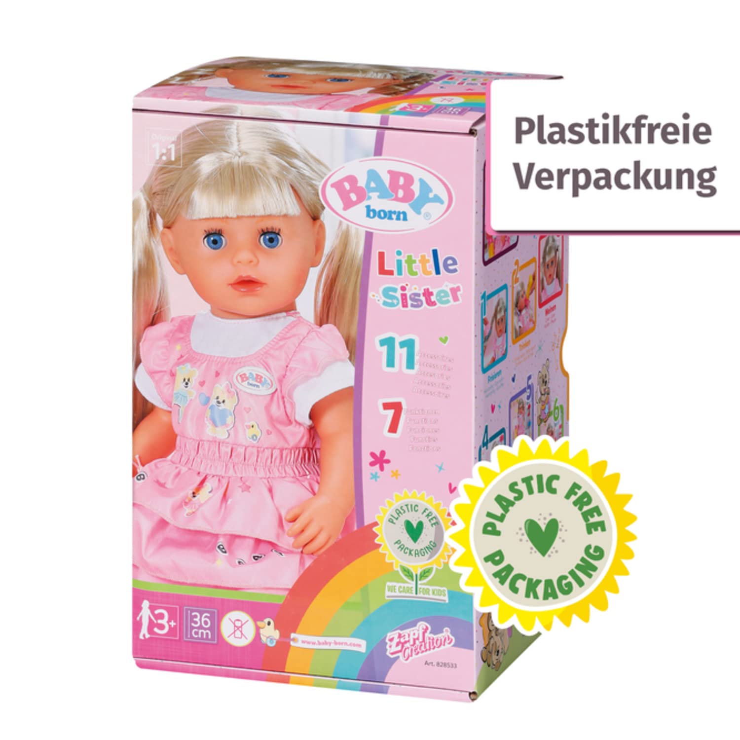 BABY Born Kindergarten Little Sister 36cm, Puppe mit Haaren und Funktionen ohne Batterie, inkl. Zubehör, für Kinder ab 3 Jahren, 36 cm große Puppe, 828533 Zapf Creation