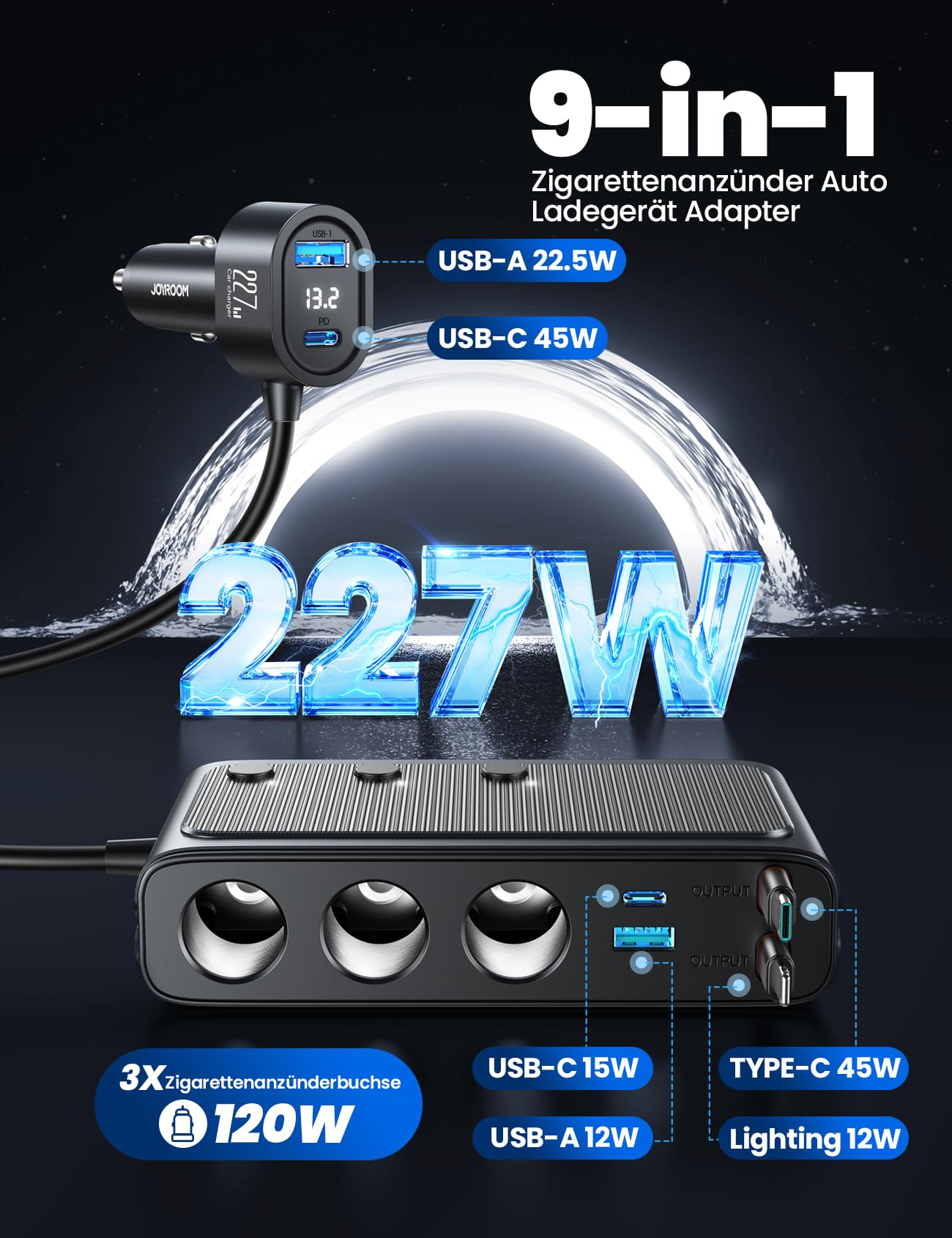 JOYROOM 227W Zigarettenanzünder Verteiler 9 in 1, Auto KFZ Ladegerät Adapter mit 80cm einziehbare 45W Typ-C & Lightning Schnellladekabel, 3 Fach 12V/24V Stecker mit Separatem Schalter für iPhone 17