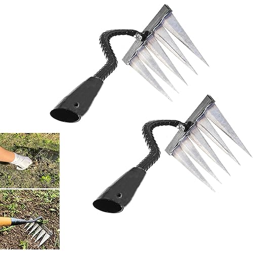 2Pcs Iron Rake for Weeding, Garden Metal Rake Heavy Duty with 5 Tines, Garden Weeding Rake Tools, Sharp Gardening Weed Rake Tool, Hand Rake Weeder Tool Weed Puller for Backyard Farm Planting Weeding