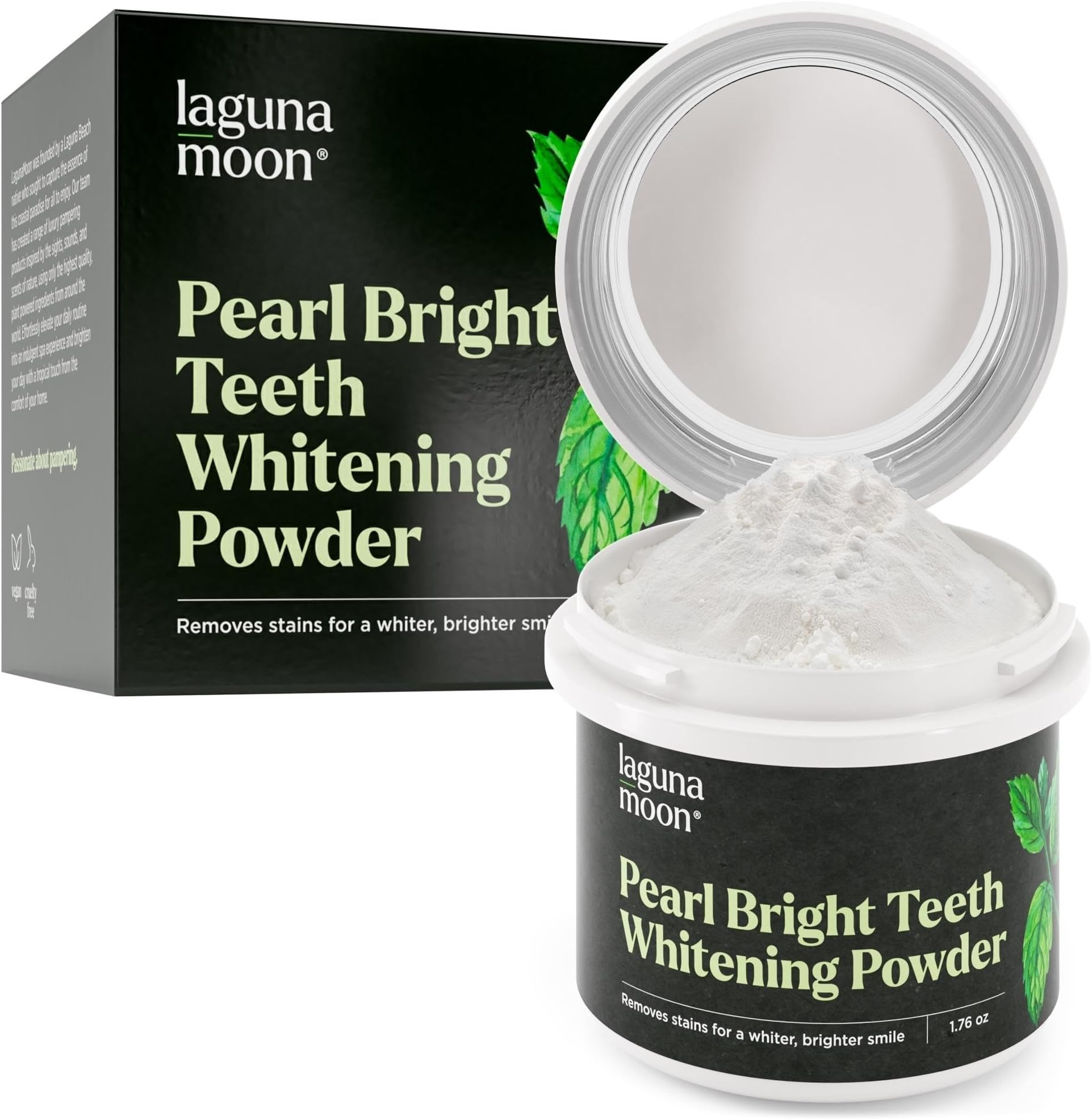 Lagunamoon Teeth Whitening Powder, Natural Spearmint Formula Pearl Bright Tooth & Gum, Remove Coffee Wine Smoking Stains, Tooth Whitening Powder with No Black Mess