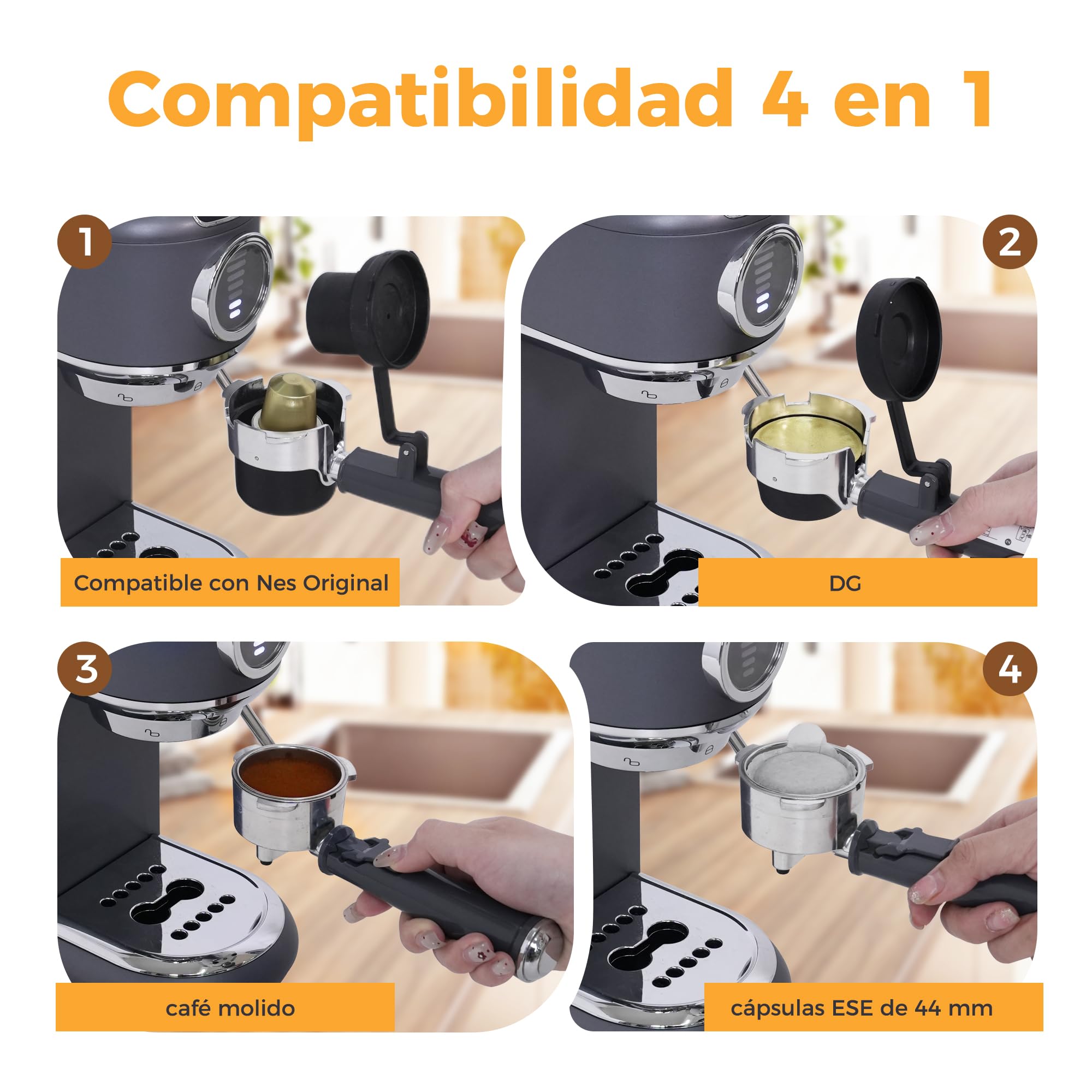CAFELFFE MK-601F Cafetera 4-en-1, Compatible con Nes Original, DG, ESE y Café Molido, 19Bar Máquina de Espresso con Preparación en Caliente/Frío y Depósito 1,1L
