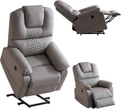 Electric Recliner Sofa, 1 Seater with Elevation Function, Up to 160  Adjustable, Rising Assistance, USB Charging Port, Electric Sofa, Gaming Chair, PU Leather, Easy Elevation Button Operation, Standup, Senior Chair Gray, Single Seat