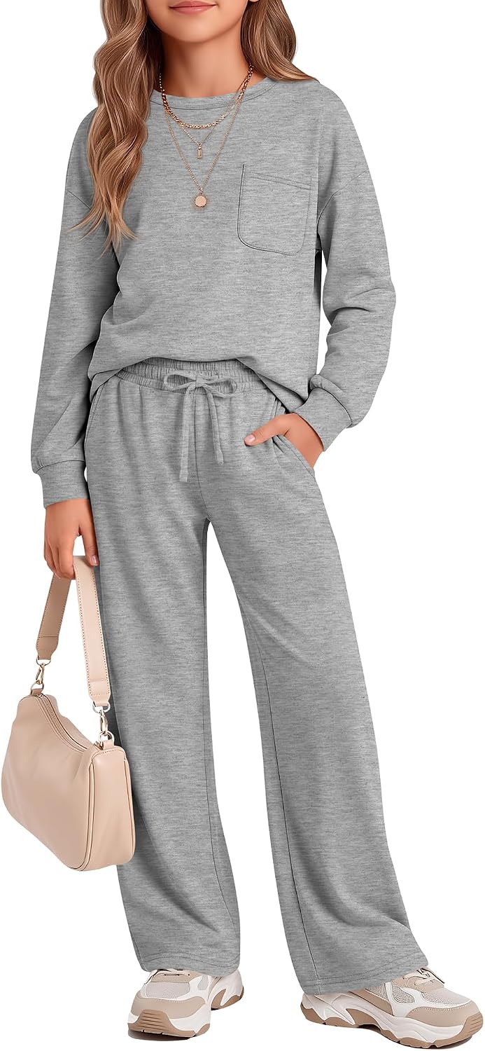 Girls 2 Piece Outfit Fall Long Sleeve Shirt and Drawstring Pants with Pockets Casual School Outfits for Girls