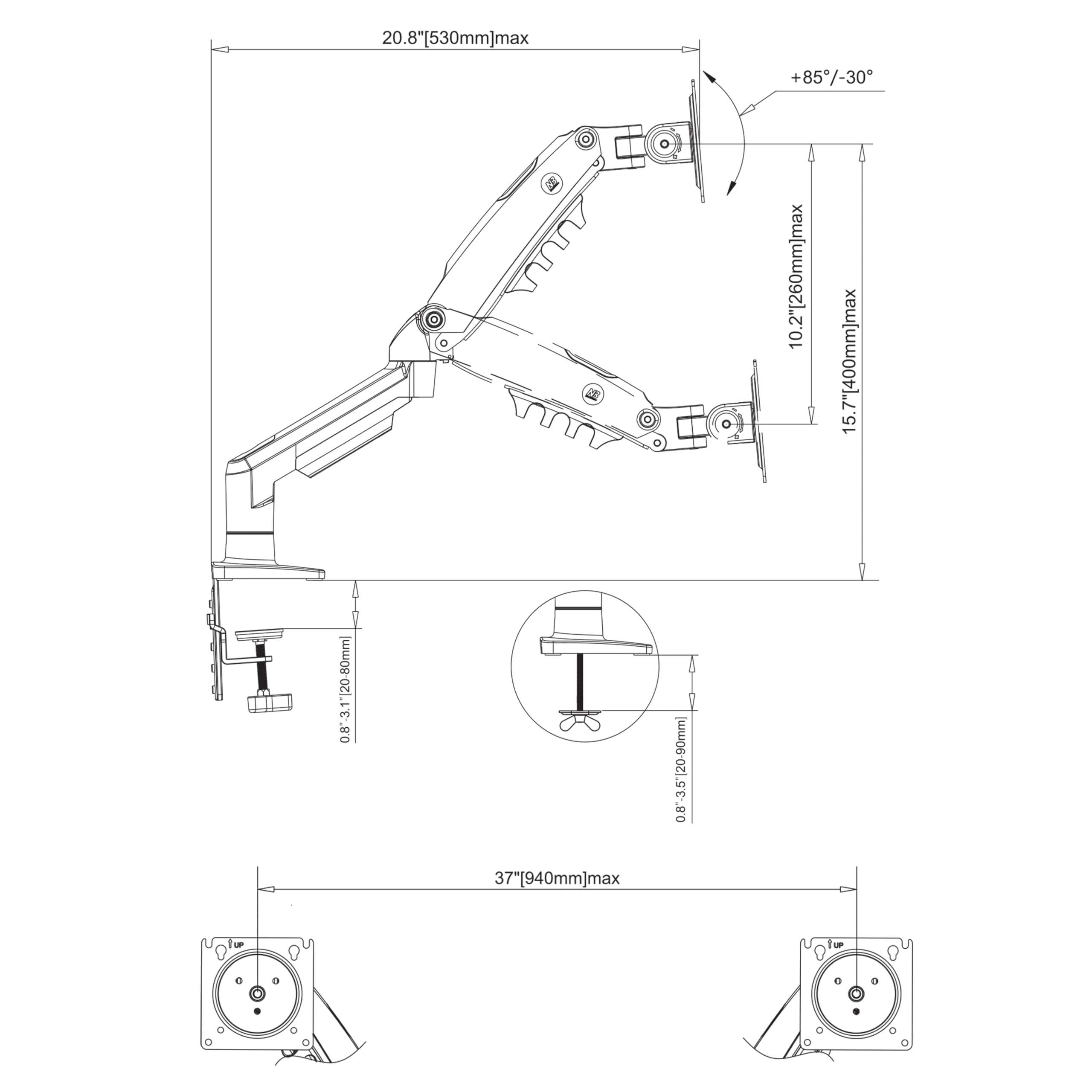 Ergosolid Desktop-Halterung für 2 PC-Bildschirme (17-27 Zoll), verstellbar in Mehreren Achsen, Drehgelenk, Gasfeder bis 2 x 9 kg, F160VAR