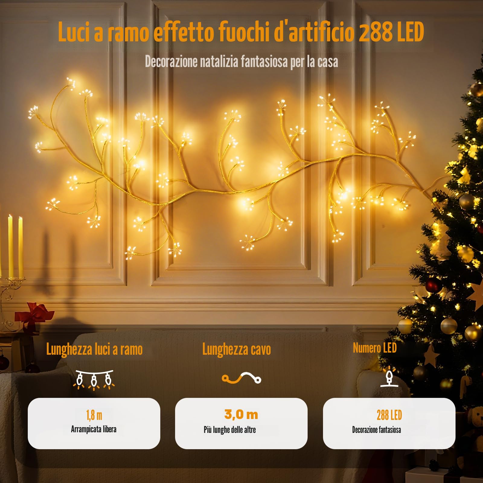 Ghirlanda Luminosa Luci a Fuochi d’Artificio, 8 Modalità Luci Albero con Telecomando e Timer, 288 LED Rami Albero Fai-da-te con Spina, Decorazione da Parete Interna per Camera da Letto e Natale