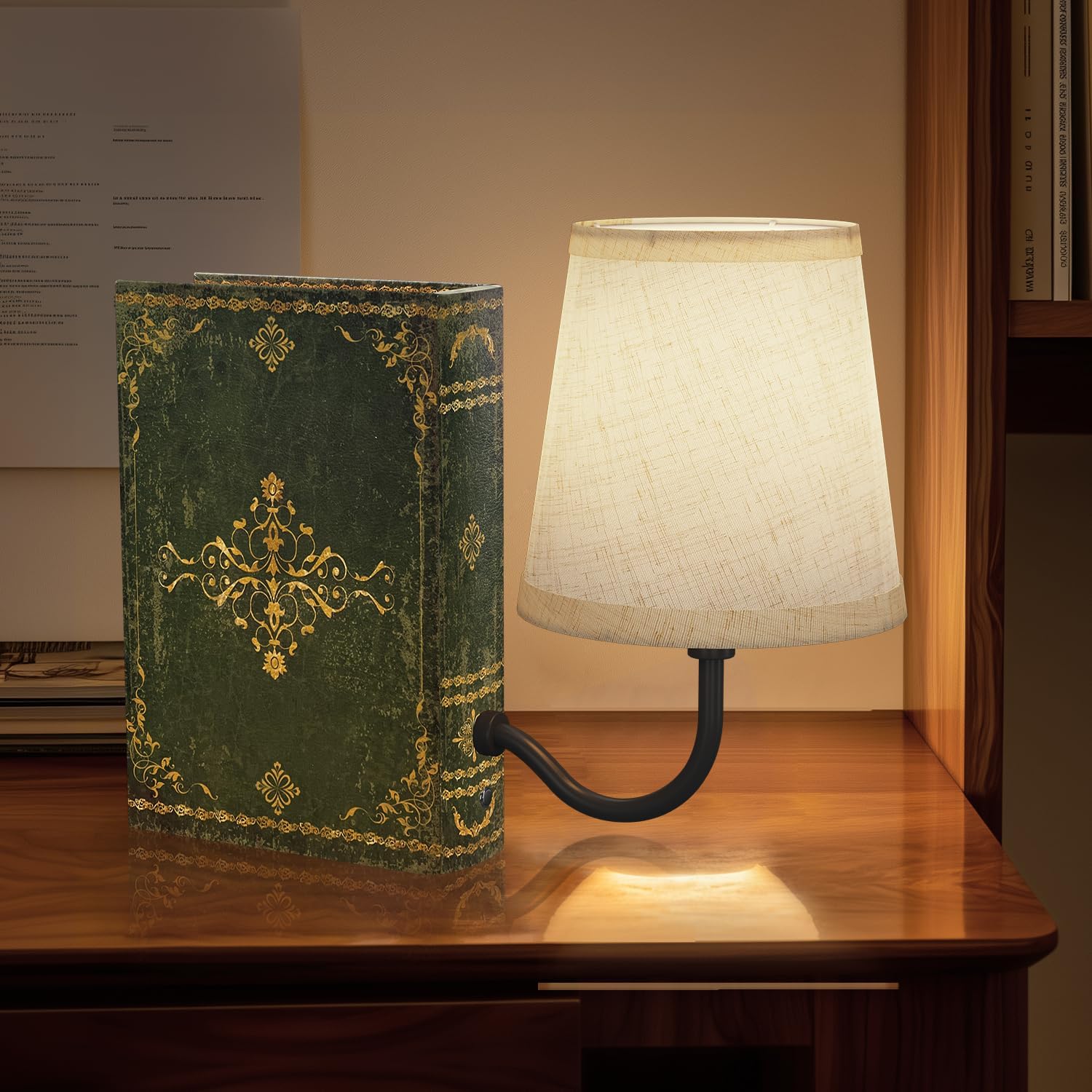 Vintage Bookshelf Lamp Rechargeable, Cordless Book Lamp with Linen Shade, Dimmable Touch Control Table Lamp, Modern Decorative Bookend, Bookshelf Lights for Office Home, Library, Study