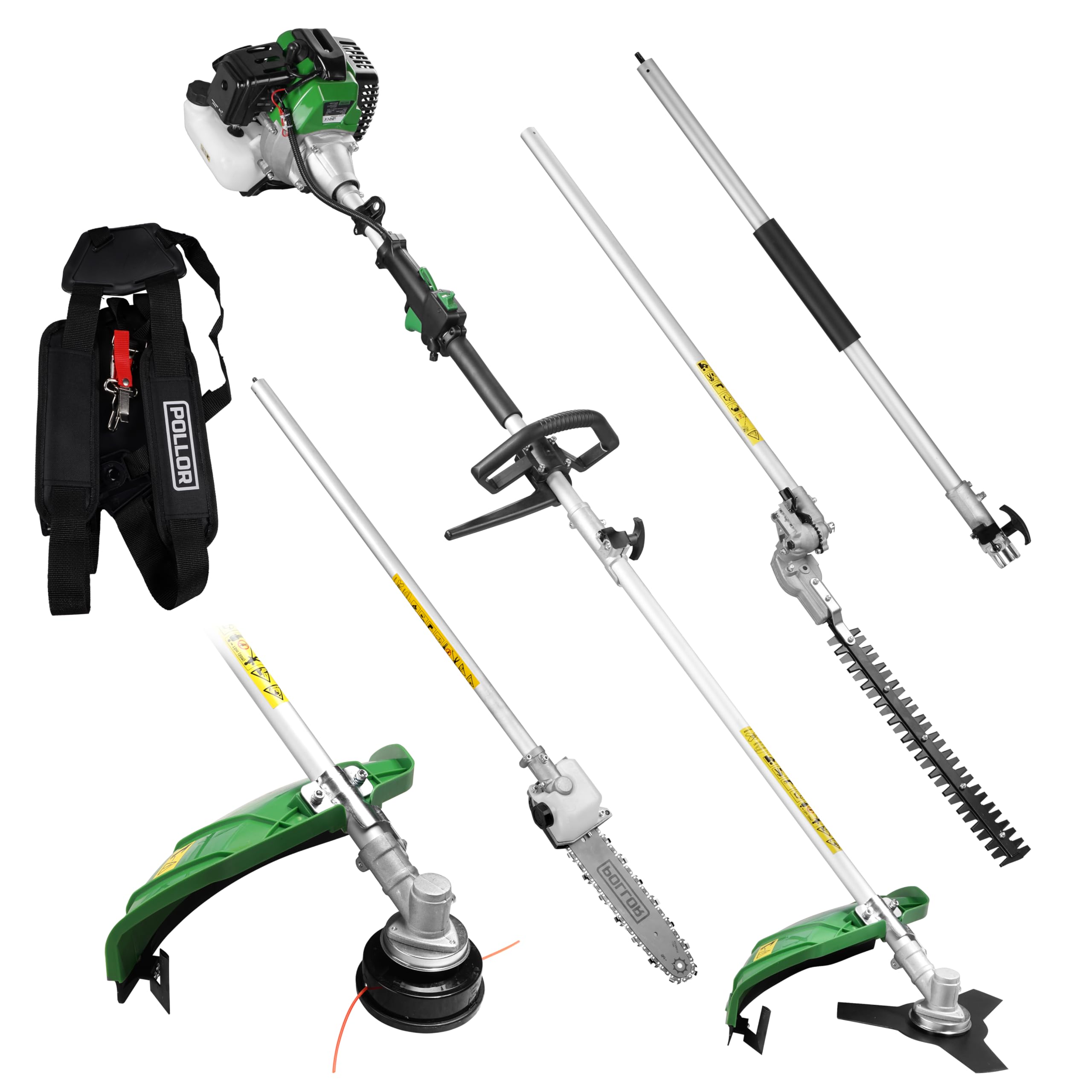 52cc 5-in-1 Petrol Garden Multi Tool Long Reach Brush Cutter, Grass Strimmer, Chainsaw, Hedge Trimmer, Extension Pole, Harness & Tool Kit