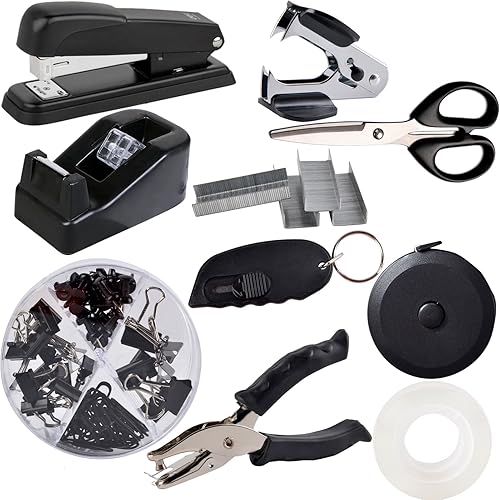 ChezMax El kit de accesorios de escritorio negro incluye grapas de engrapadora, dispensador de cinta transparente, tijeras de empuje, clips de