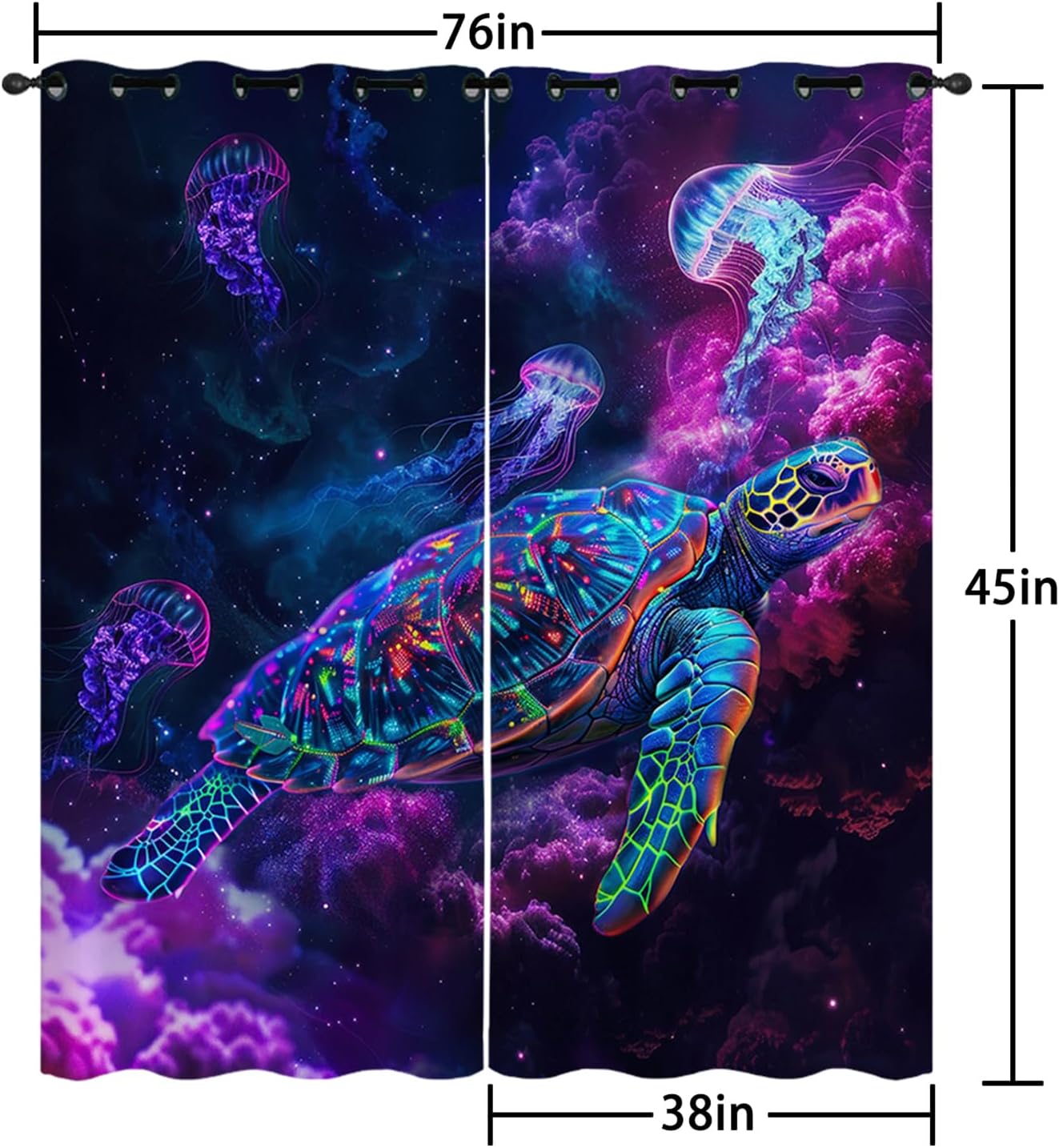 AILONEN Kids Sea Turtle Window Curtain,Dreamy Night Starry Jellyfish Window Drapes,Colorful Turtle Printed Ocean Animal Grommet Curtain,2 Panels Set, 38" W x 45" H