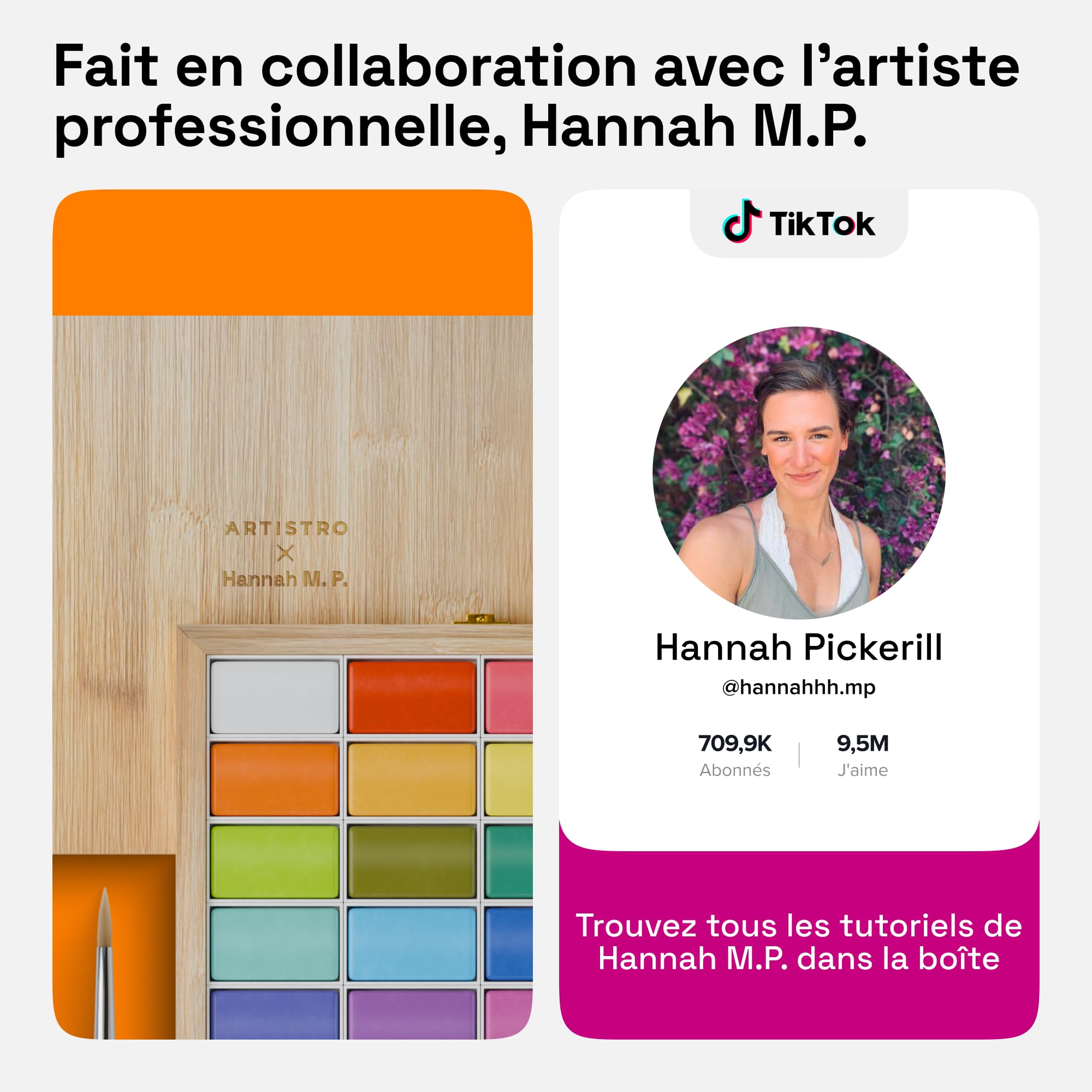 Artistro HANNAH M.P Kit de peinture aquarelle professionnelle édition limitée avec 24 couleurs dans une boîte en bois de bambou (pots XL de 6 ml) – 2 pinceaux, papier aquarelle, plateau de mélange –