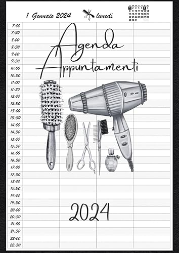Agenda parrucchieri per appuntamenti 2024: Un giorno per pagina A4 | Intervalli di 30 minuti | 12 mesi da gennaio a dicembre 2024.