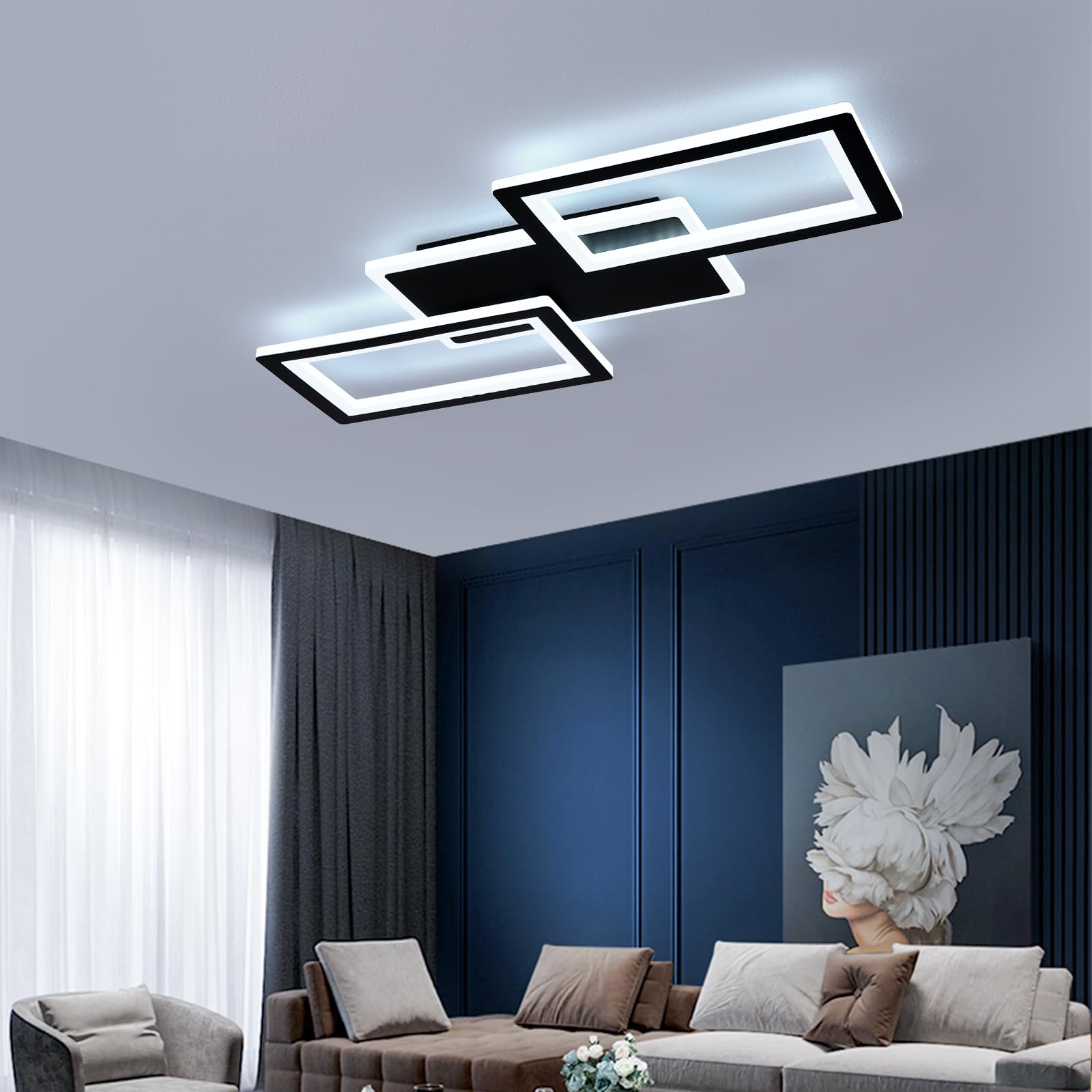 Lámpara de Techo LED Moderna Lámpara de Techo para Salón de 36W Blanco Frío 6000K, 54cm de Acrílico Negro con Montaje Plano para Dormitorio y Oficina