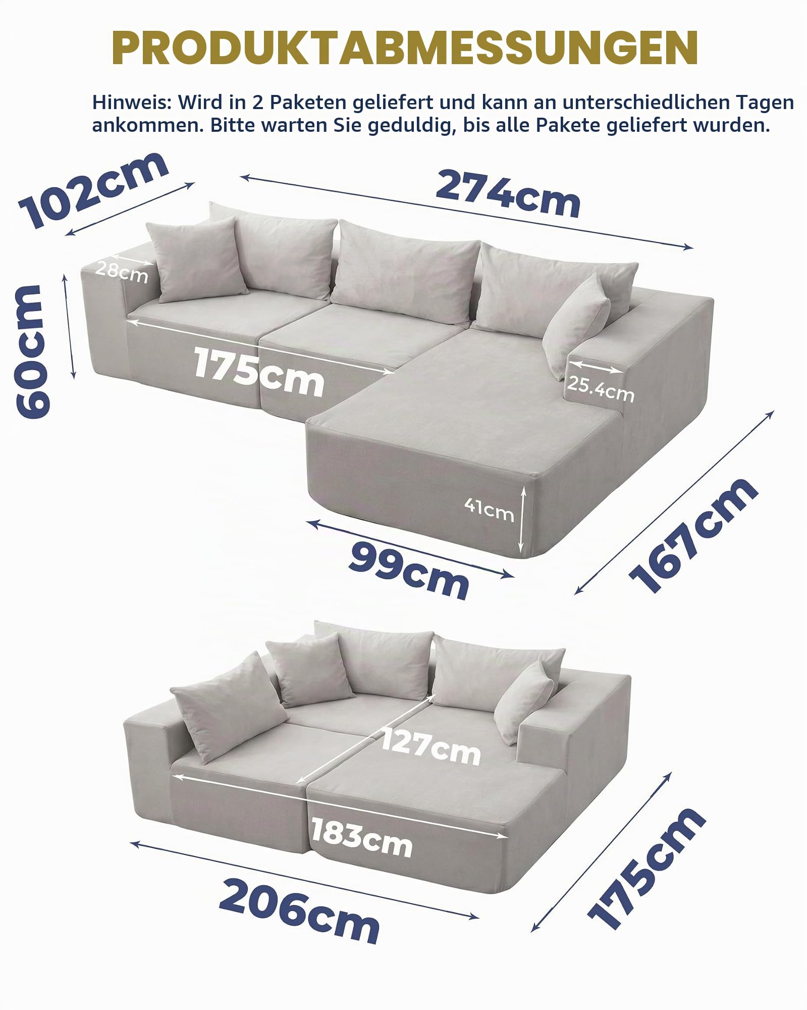 Garvee Modulares Sektionalsofa 274 cm, Wolkencouch mit Rechter Chaiselongue, Komprimiertes L-förmiges Sofa für Wohnzimmer, Boneless Couch Design, Keine Montage erforderlich, Beige