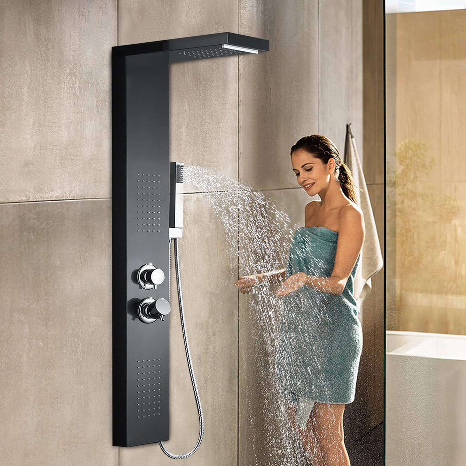 Panel de ducha de acero inoxidable 304, con soporte de pared, alcachofa de ducha 4 en 3, multifunción, con termostato