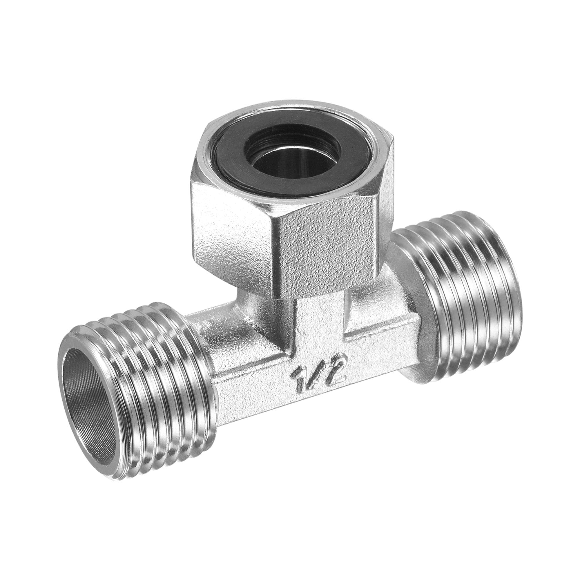 sourcing map Pipe Fitting Tee G1/2 2 Male to 1 Female Thread 3 Way T Shape Swivel Nut Hose Adapter Connector, Nickel-Plated Copper