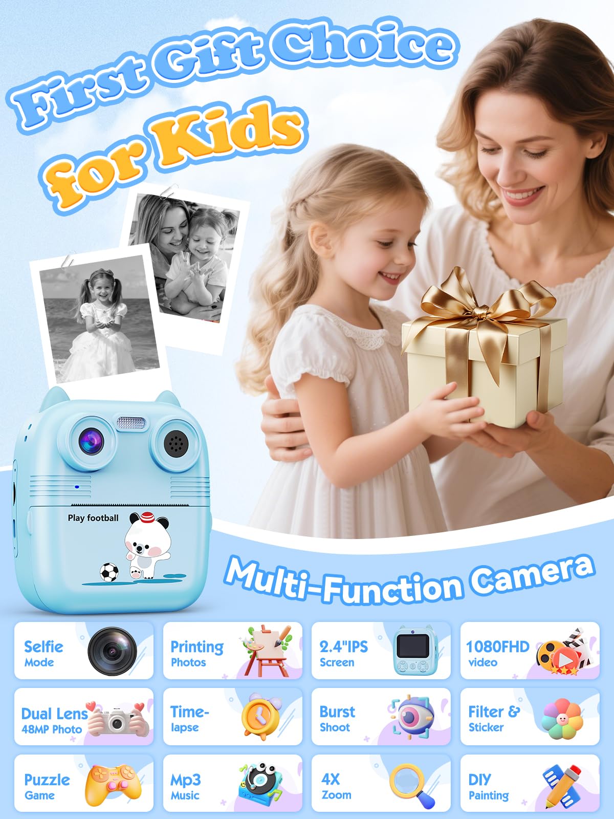 Macchina Fotografica Bambini Istantanea, 48MP e 1080FHD Dual-Camera Obiettivo Fotocamera Digitale con 4 Rulli di Carta da Stampa 2,4 Pollici IPS Schermo di Protezione Oculare 32GB Scheda (Blu)