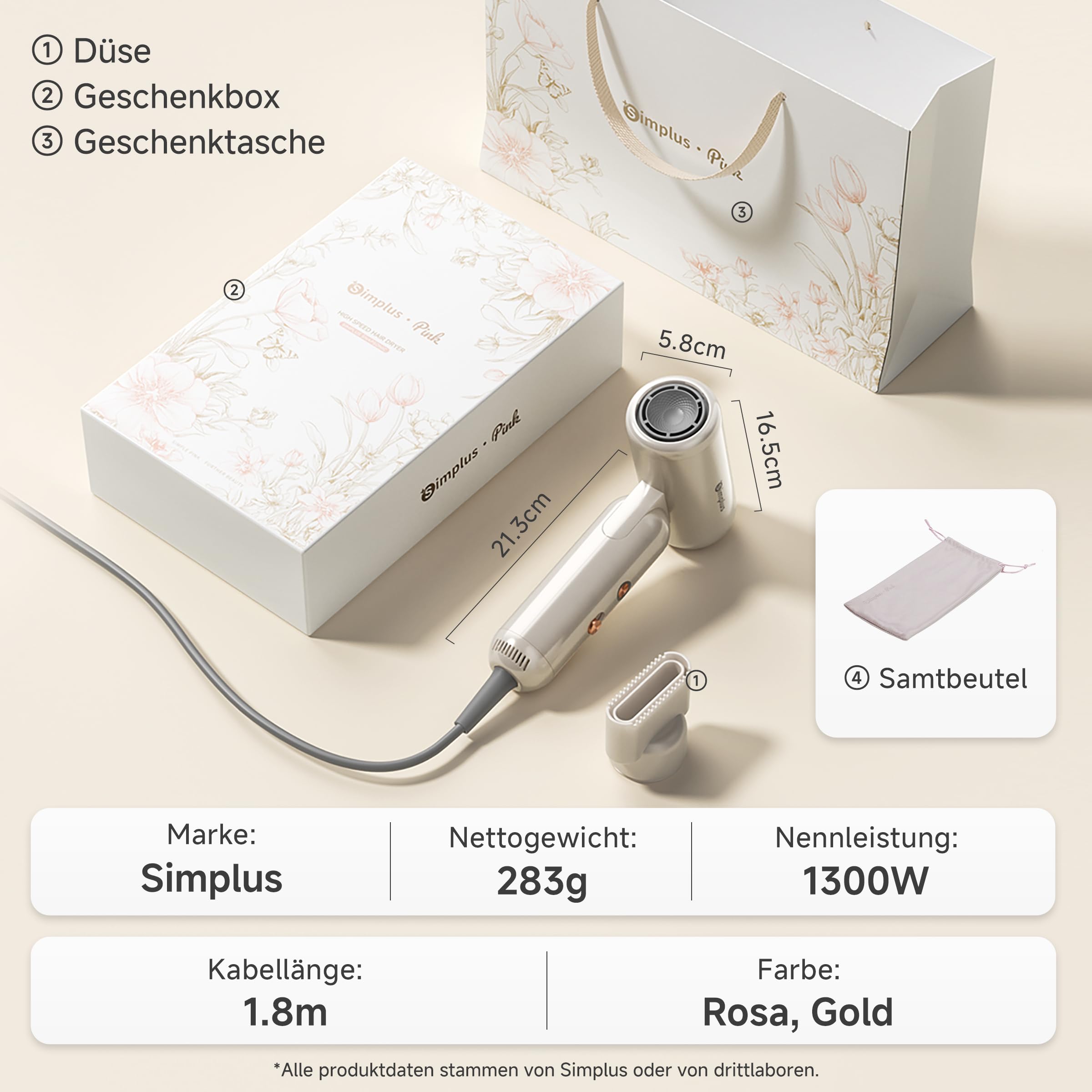 SIMPLUS Haartrockner Ionen Föhn Mini Reisefön Faltbar mit 110.000 U/min Motor 70m/s Schnelles Trocknen 300 Millionen Negativ-Ionen 8 Modi NTC Hitzeschutz für Zuhause und Reisen
