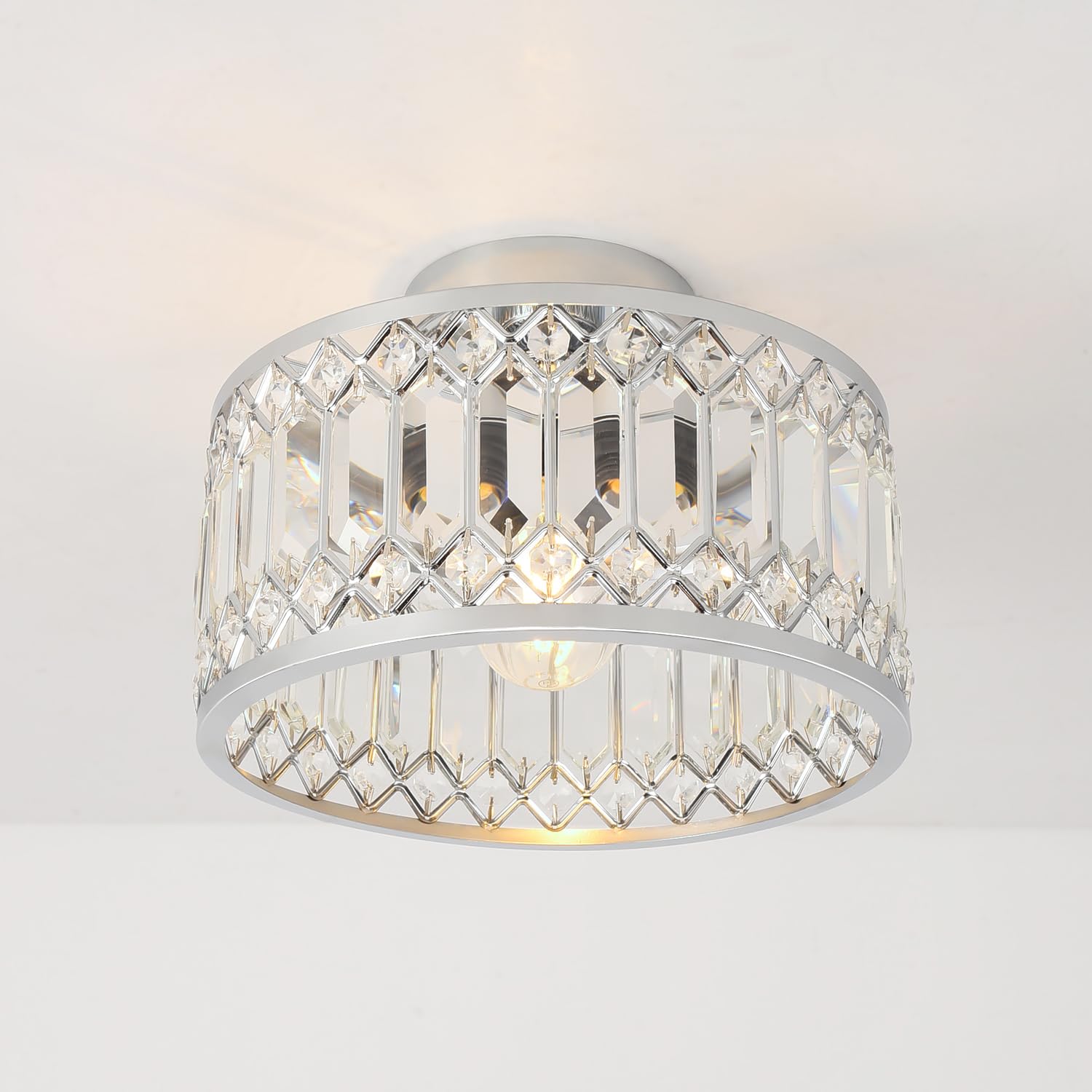 Anwio Silver-E27 Base Silver Kitchen Lights Ceiling,Flush Light Fitting,Ceiling Lights Living Room, E27 Light Shade Ceiling,Chandelier,Morden Crystal Ceiling Light,Lounge Lights Ceiling (Lamp Diam 27Cm)