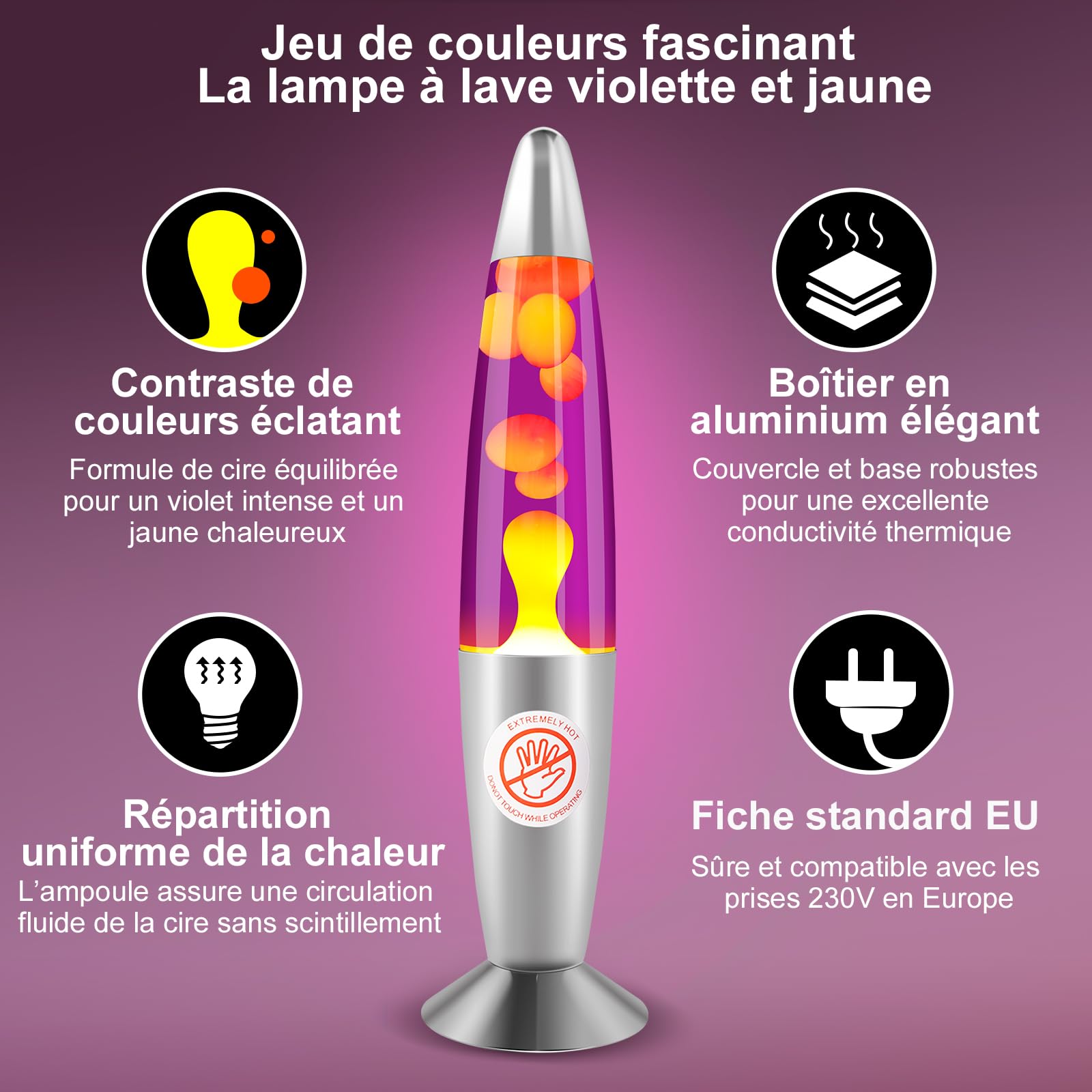 Lampe à lave rétro 34 cm violette et jaune – Lampe décorative en aluminium – 2 ampoules R39 25W E14 – Idéale pour chambre, salon et comme cadeau