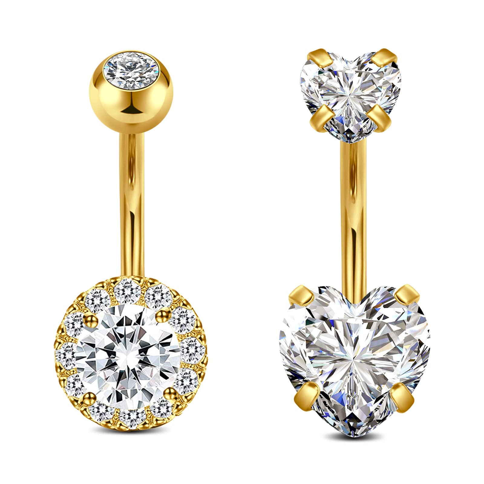 Crdifu 2 uds Piercing para el Ombligo Oro 10mm Acero quirúrgico 14G Ombligo Anillos corazón CZ Cristal Piercing joyería Mujer