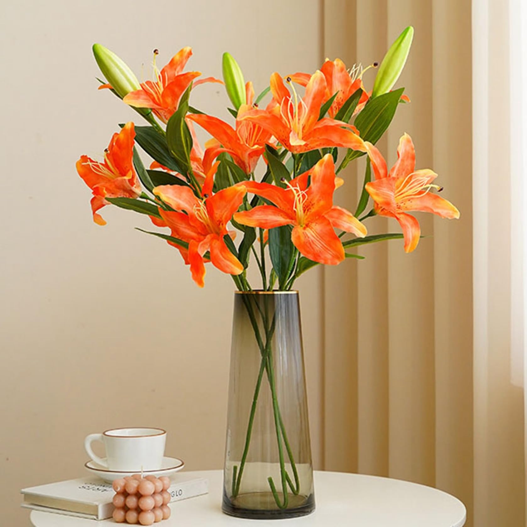 最終セール中❗中国伝統工芸美術　ミニ高卓捻り足花台　天然花梨材 Amazon｜枯れない花 本物そっくり ユリ オレンジ 手作り 造花 5頭 1束