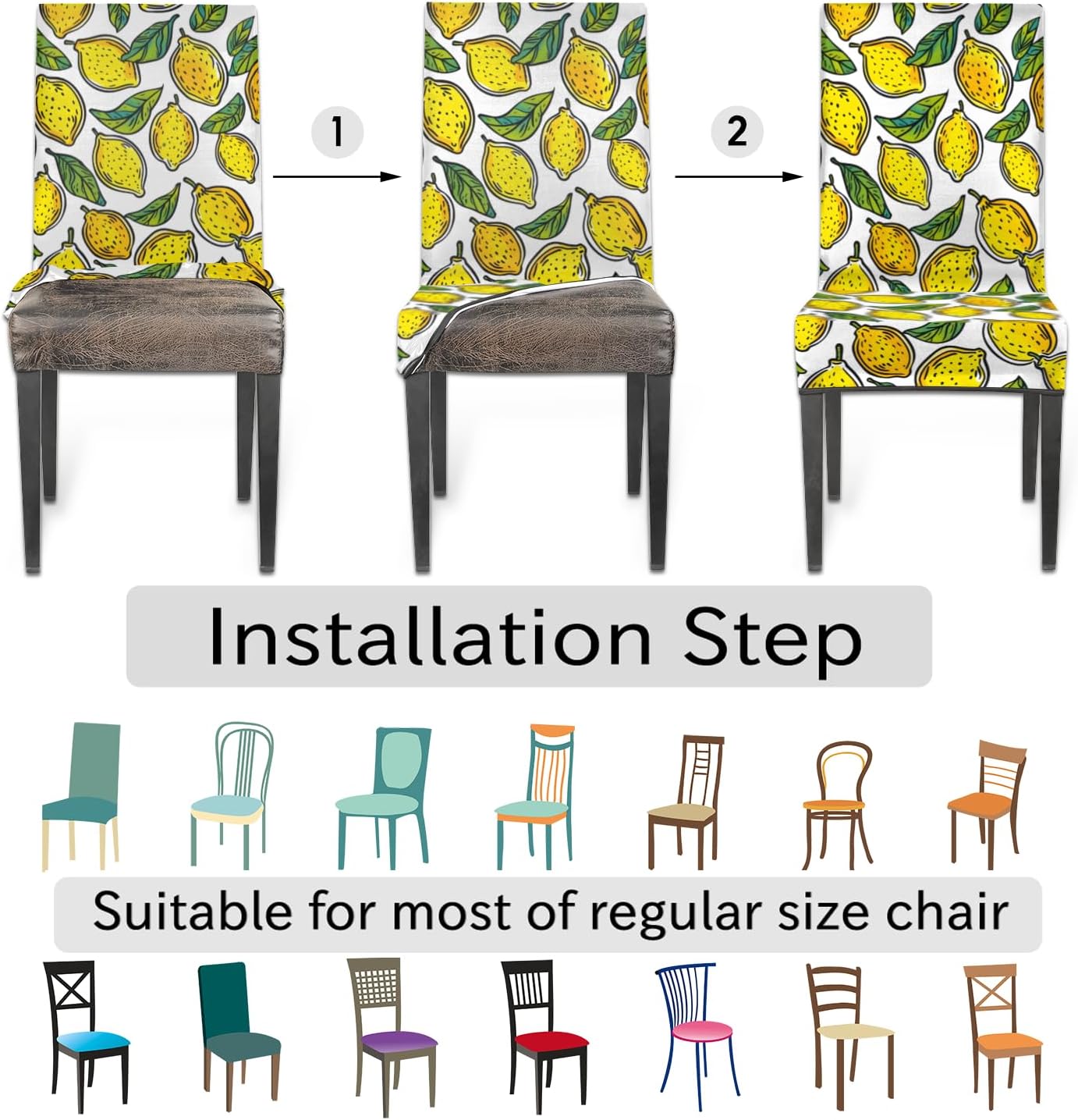 Lemon Pattern Chair Covers for Dining Room Set of 6, Stretch Dining Chair Slipcovers Washable Anti-Dust Chairs Seat Covers for Kitchen Ceremony Wedding