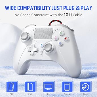 Dinosoo Wired Controller with 10ft Cable, Multi-Touch Pad & Back Buttons for PS5/PS4/PC Turbo, Macro, 3.5mm Jack (White)