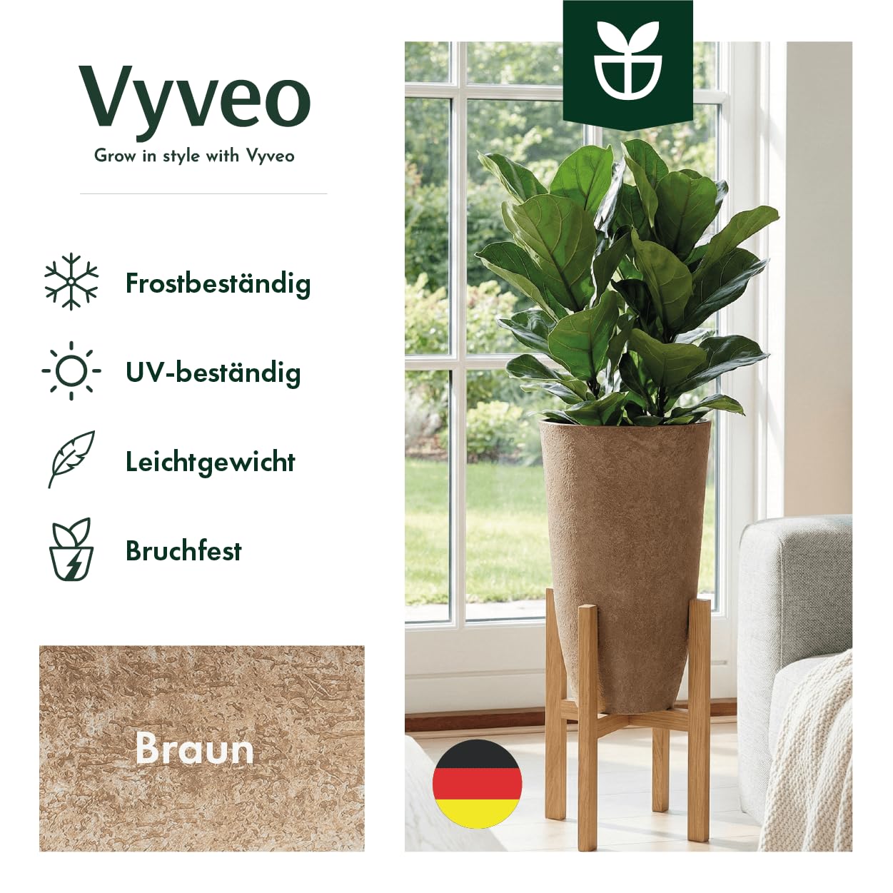 Blumentopf Tower - 35x61 - Braun (Retro) - Blumentopf für den Innen- und Außeneinsatz - Übertopf - Pflanztopf - Pflanzgefäß