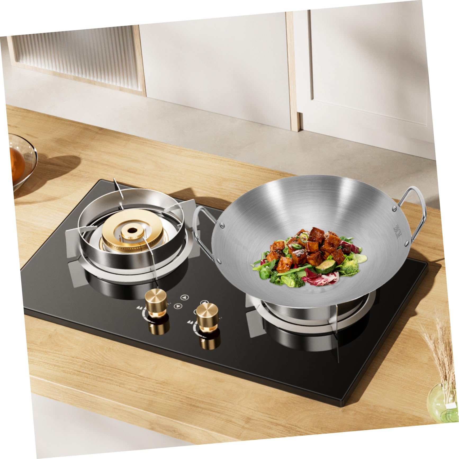 NUOBESTY 28 cm Doppelgriff-Wok-Edelstahl-Wok-Bratpfanne Mit Großer Kapazität Bratpfanne Rundboden-Wok-Mehrzweck-Eintopfpfanne Funktioniert Für Elektrische Gaskochfelder