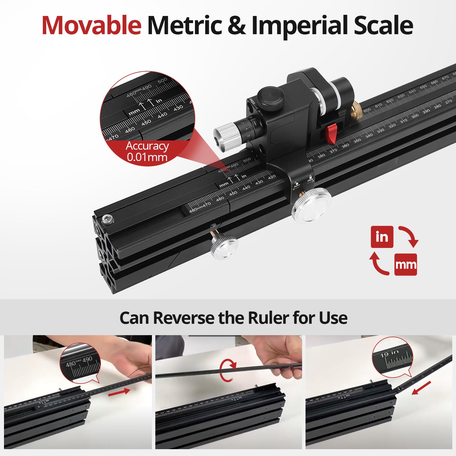 HONGDUI Valla extendida de aluminio de 19 a 36 pulgadas con tope abatible ajustable compatible con HONGDUI MG21 y TB01, para sierra de mesa, carpintería, cinta de lectura dual mm/pulgada, KS22